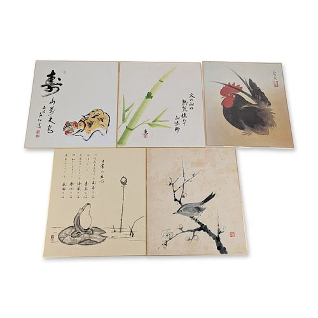 5pc Collection of Japanese Shikishi Art Boards with Folk and Nature Subjects