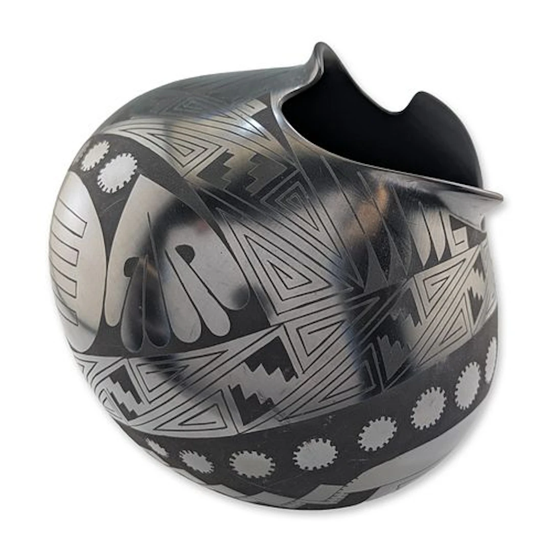 Mata Ortiz Blackware Pottery Olla with Asymmetrical Rim, Signed