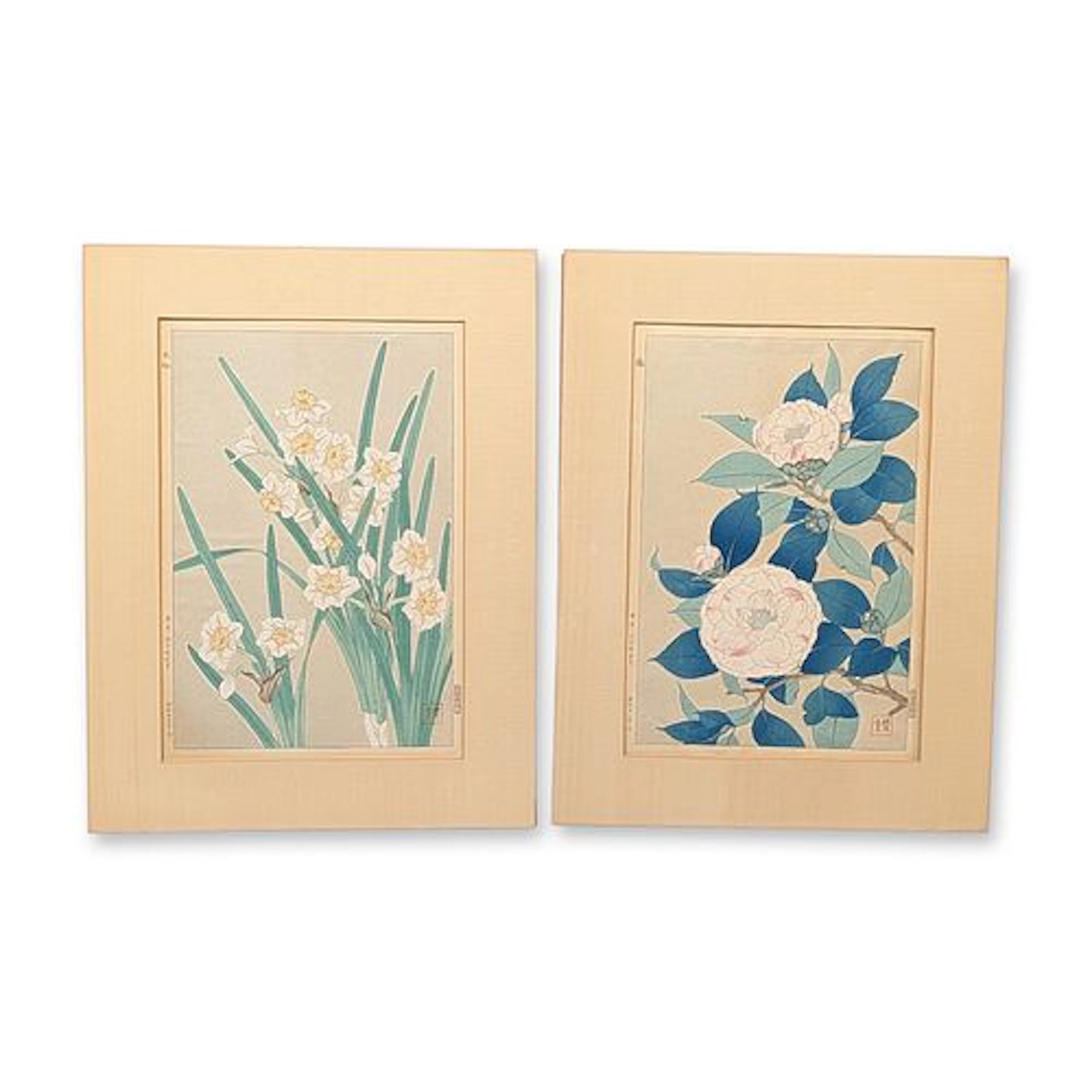 2pc Shodo Karawasaki (Japanese 1889-1973) Woodcuts on Paper, Flowers, Signed