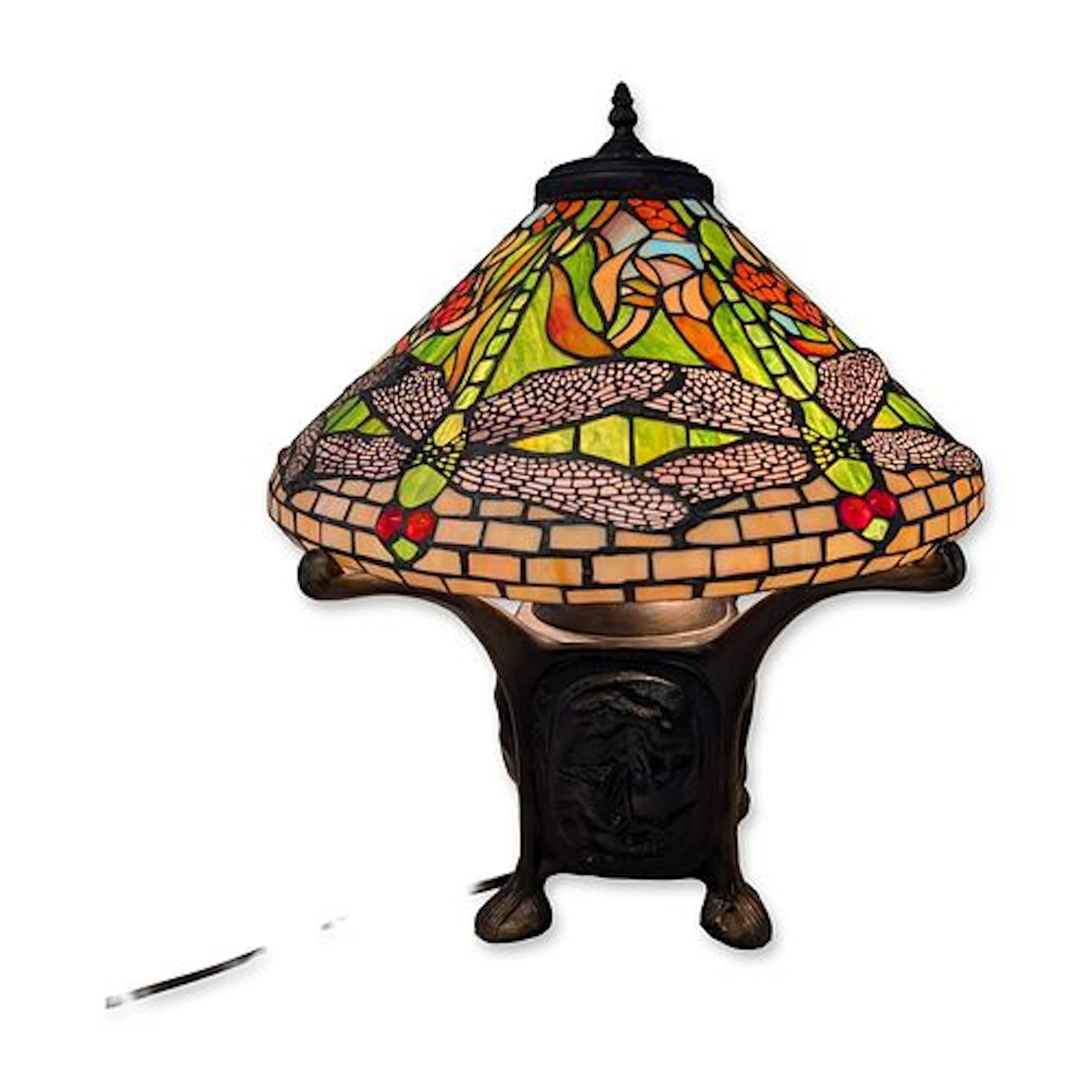 Tiffany Style Dragonfly Motif Leaded Glass Table Lamp with Illuminated Base
