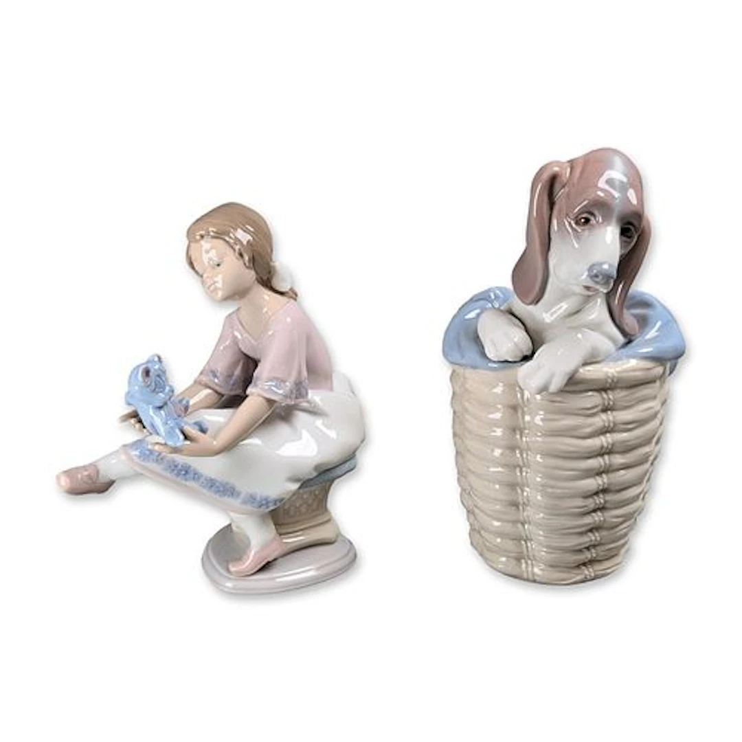 2pc Lladro Glazed Porcelain Dog and Girl Figurines