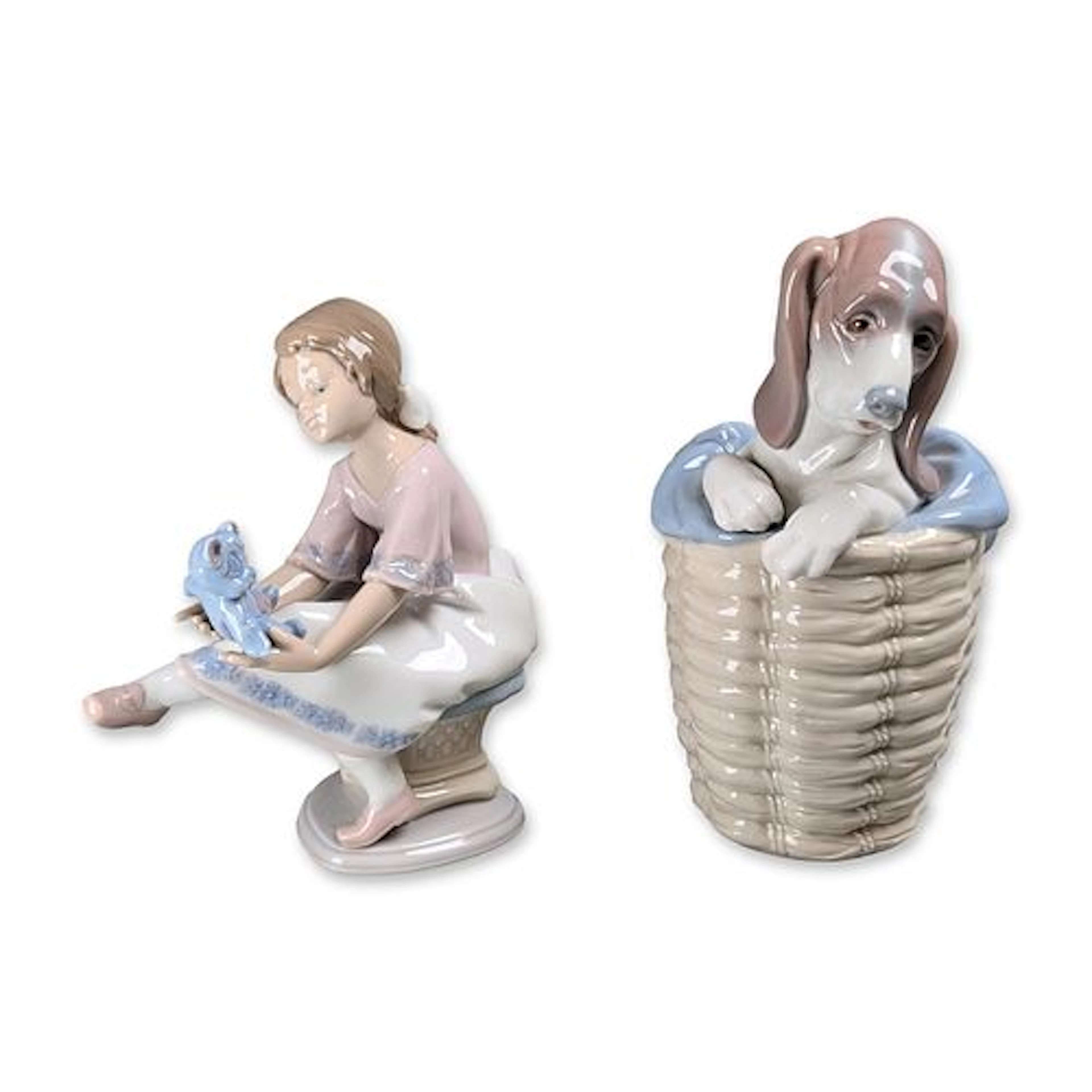2pc Lladro Glazed Porcelain Dog and Girl Figurines