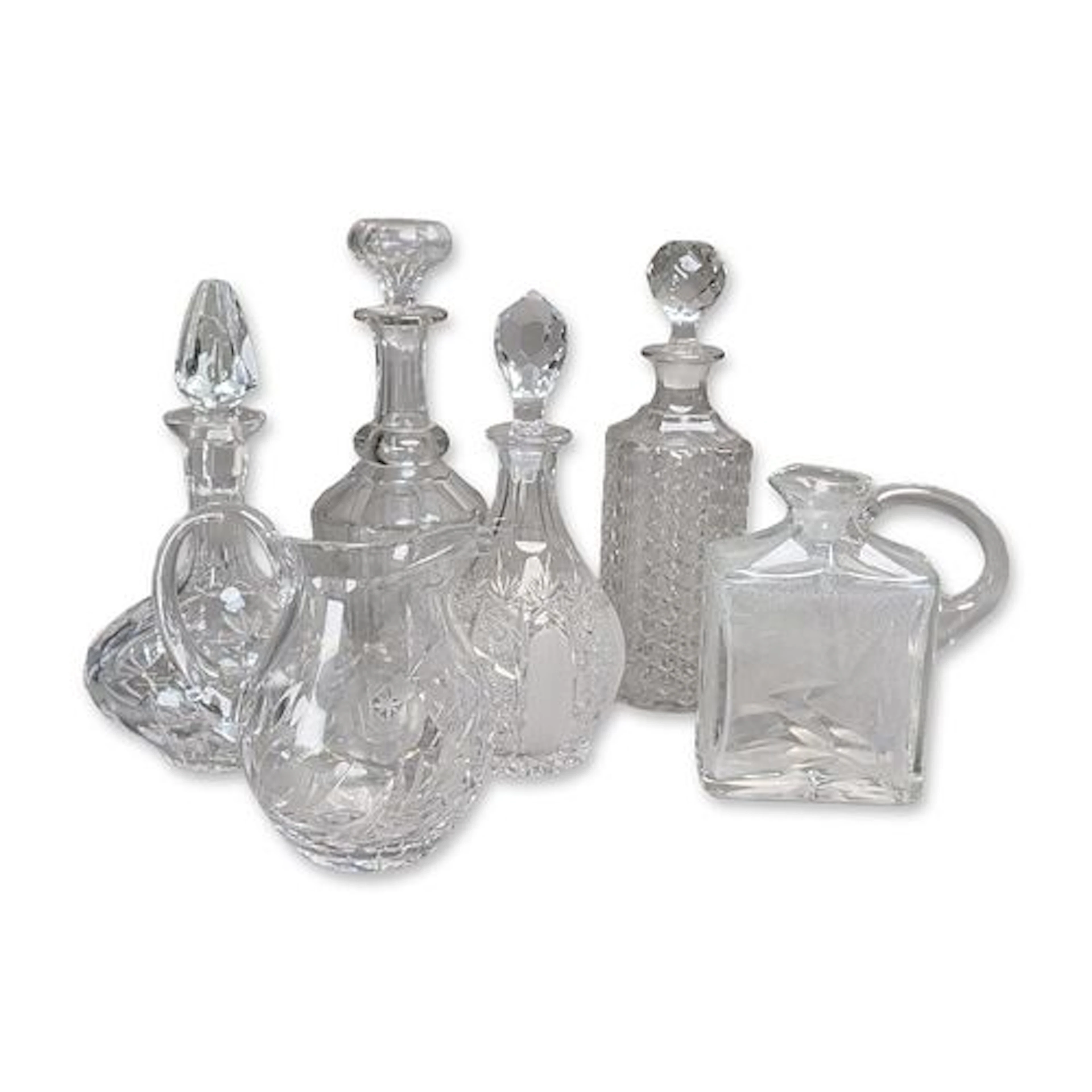 6pc Assorted Cut Crystal and Glass Decanters and Pitchers