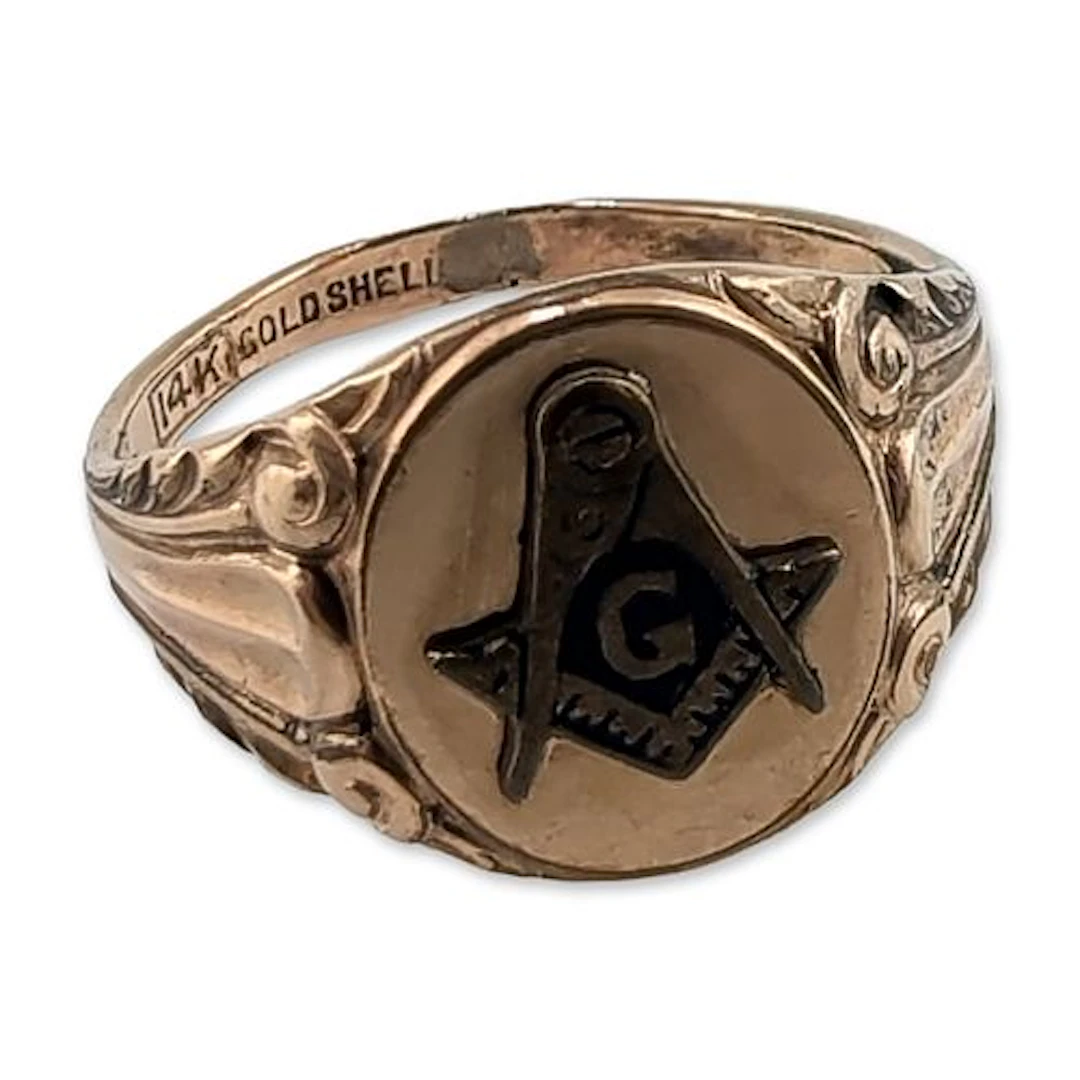 Masonic Square and Compasses 14K Gold Shell Signet Ring