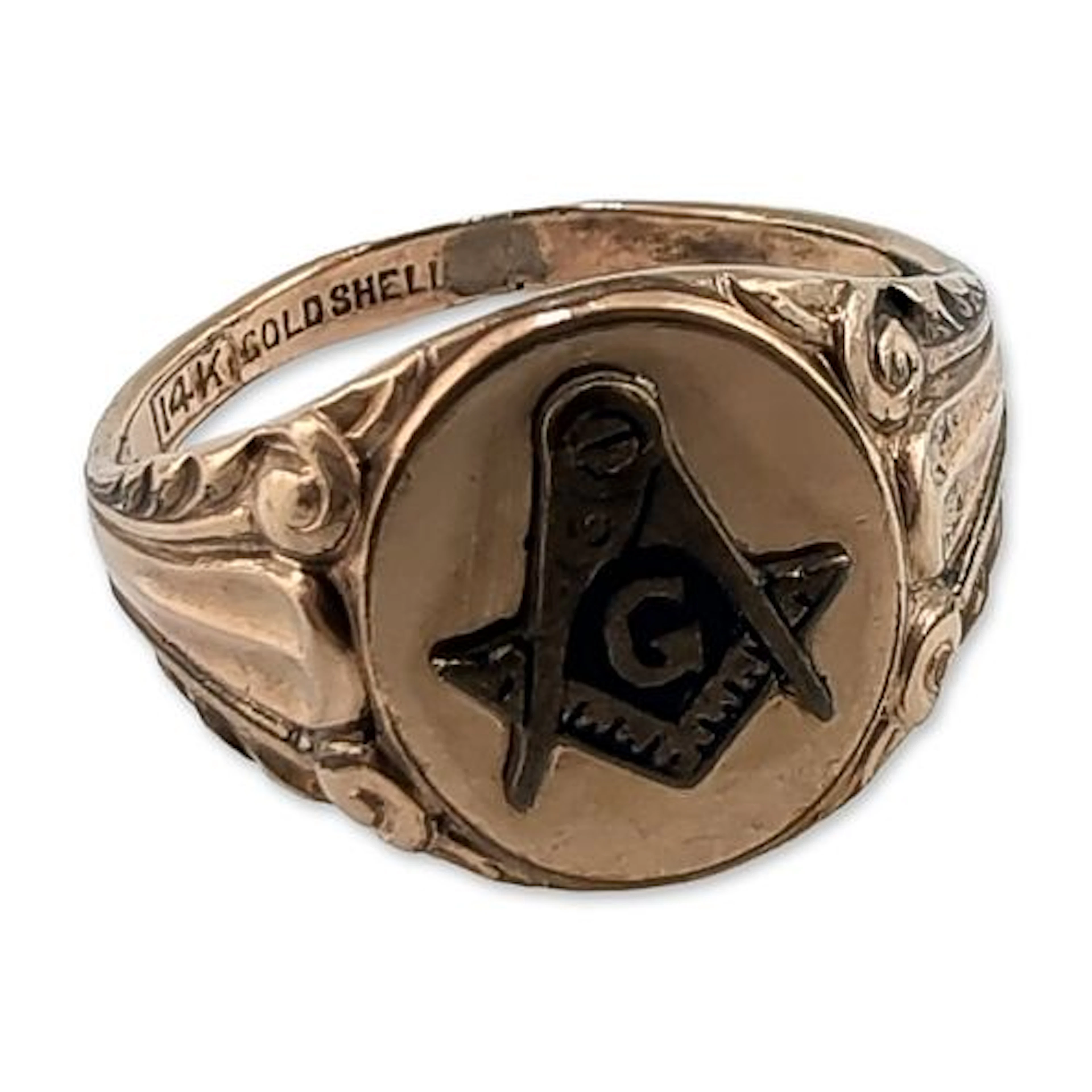 Masonic Square and Compasses 14K Gold Shell Signet Ring