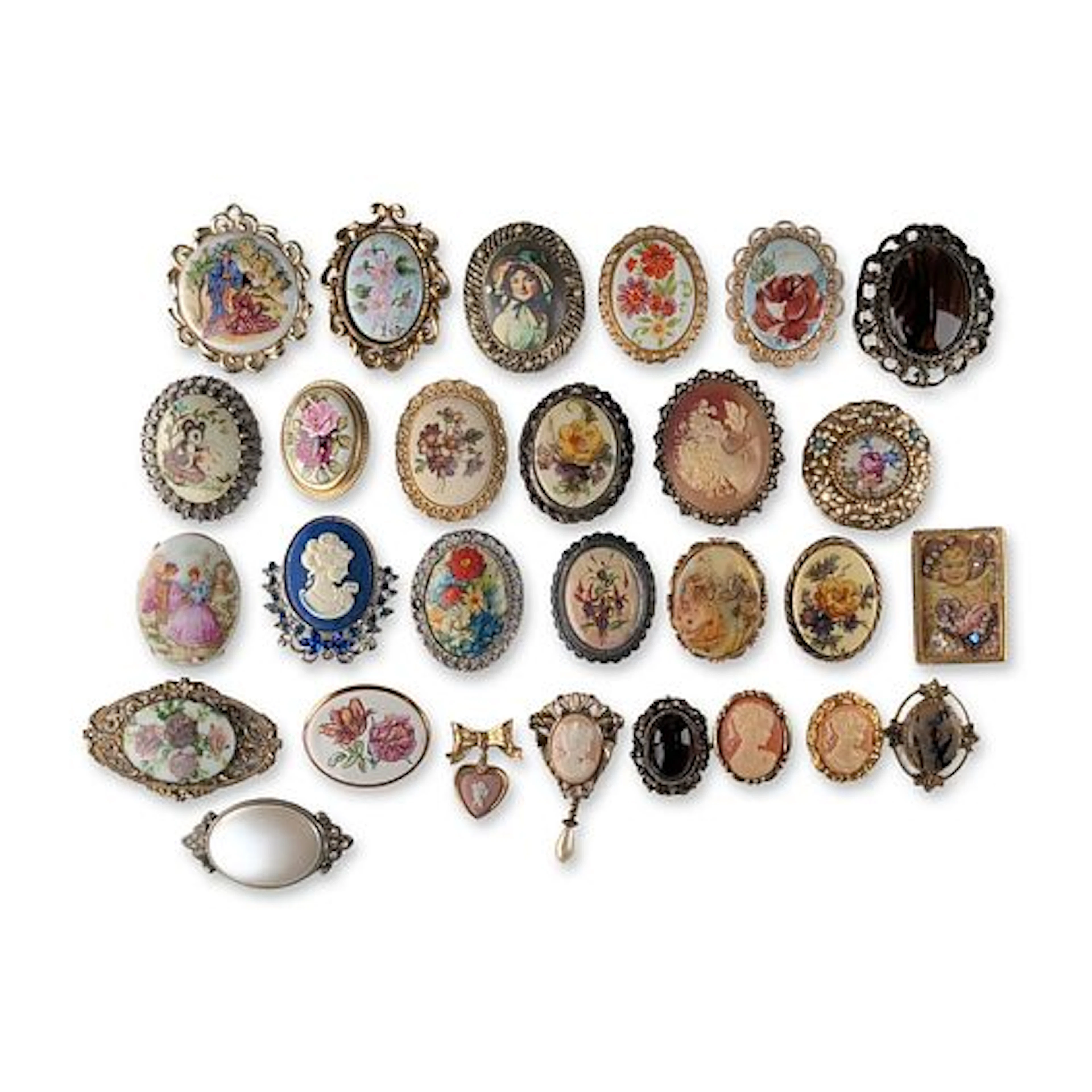 28pc Collection of Vintage Cameo and Floral Costume Brooches Pins