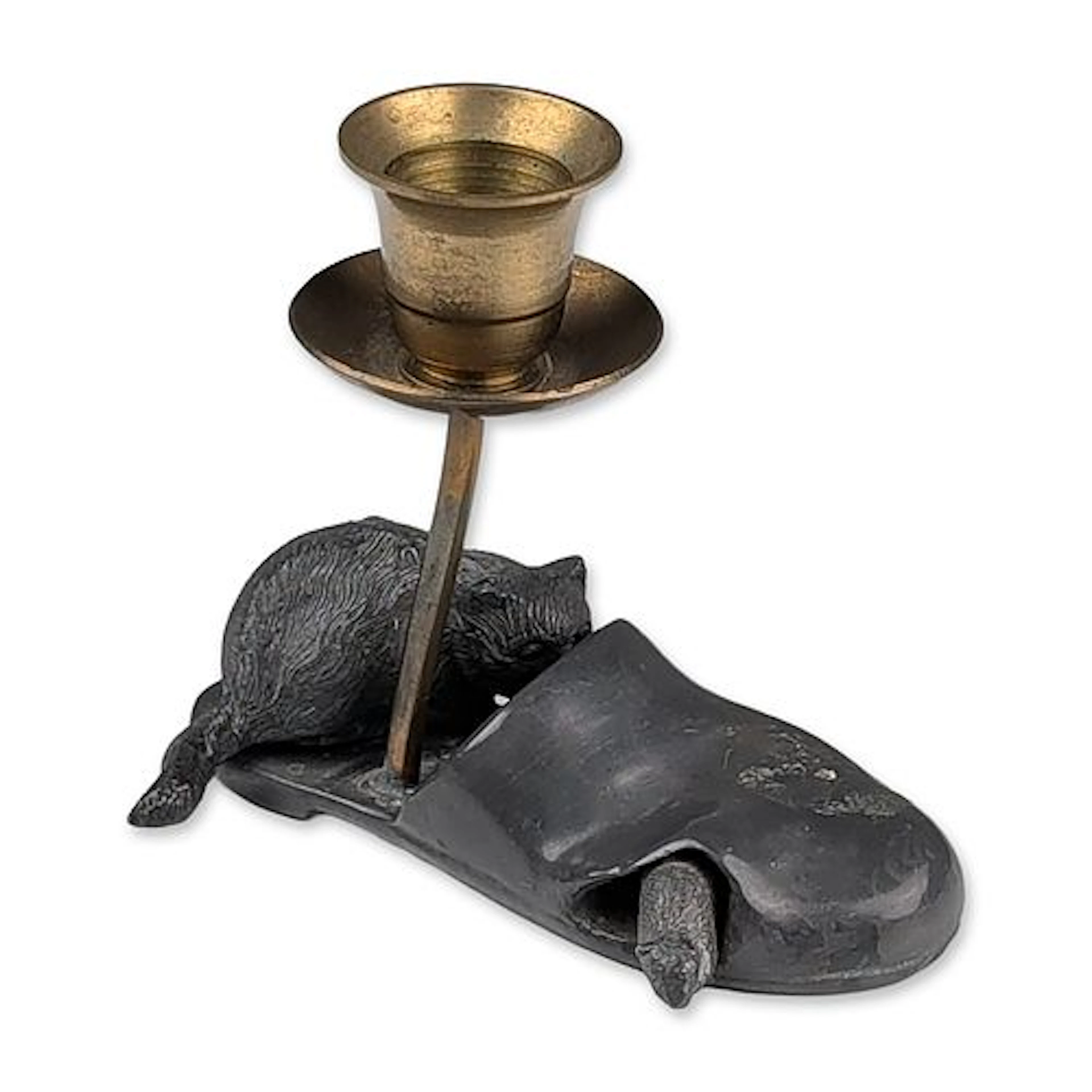 Mixed Metal Novelty Cat and Shoe Miniature Candlestick