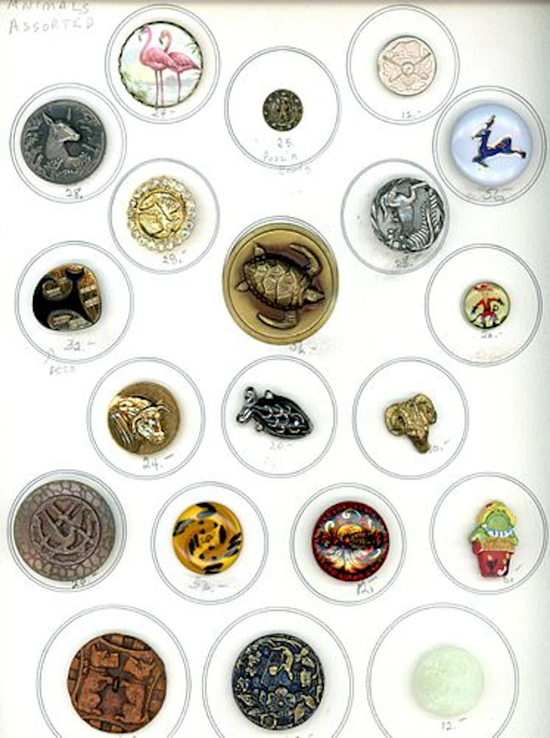 A CARD OF DIVISION ONE AND THREE ANIMAL LIFE BUTTONS