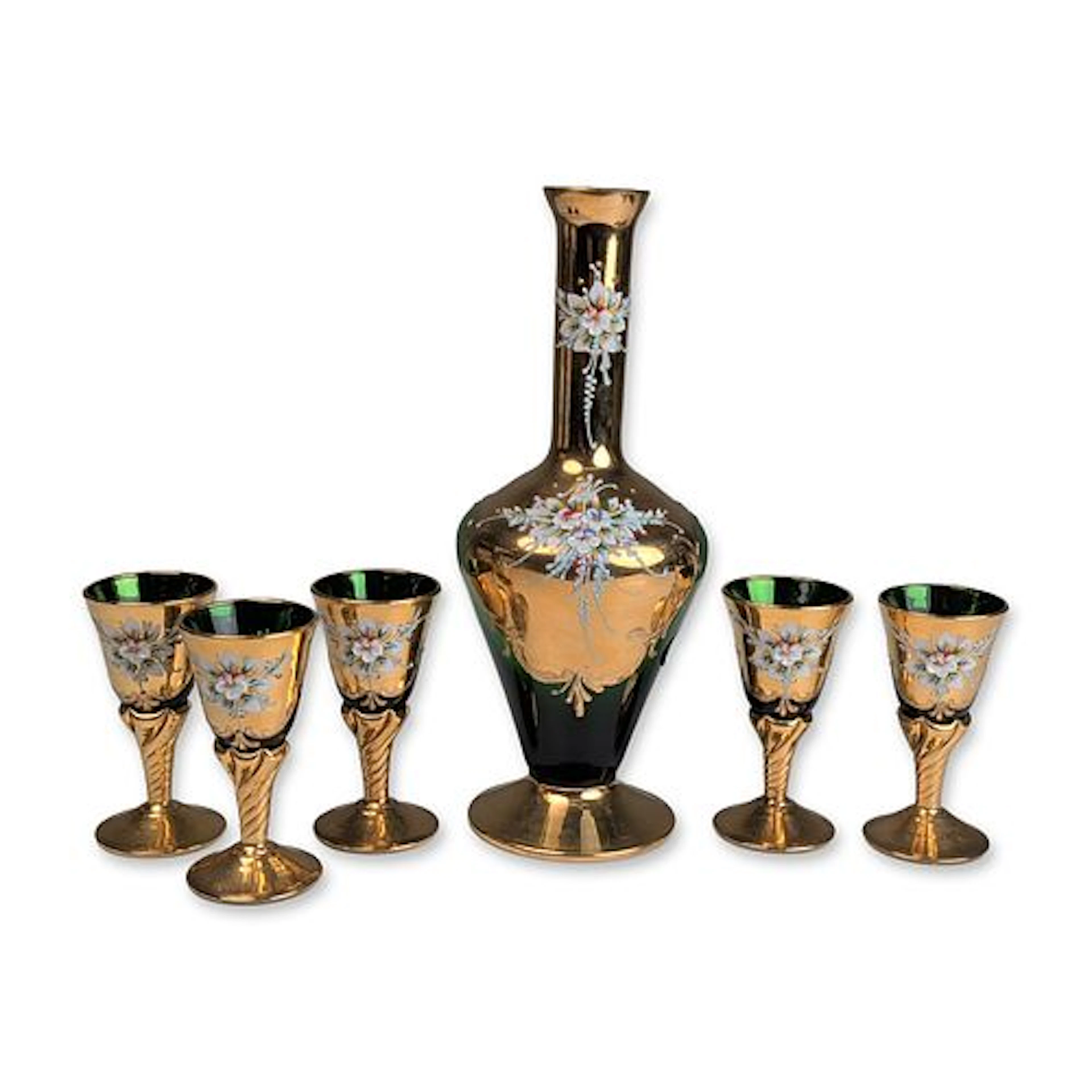 6pc Murano Emerald Green Glass and 24KT Gold Cordial Set