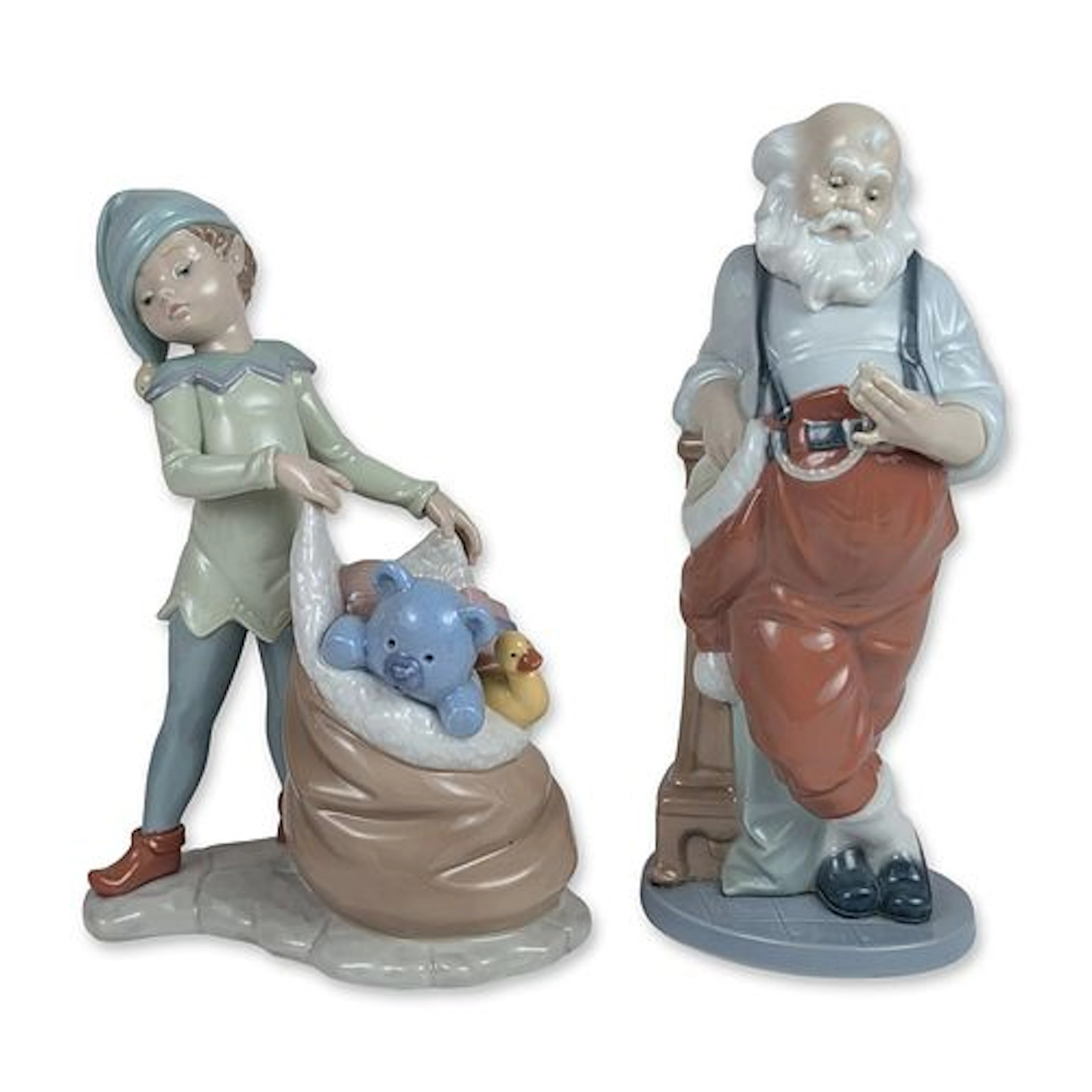 2pc Lladro Glazed Porcelain Santa Claus and Elf Figurines