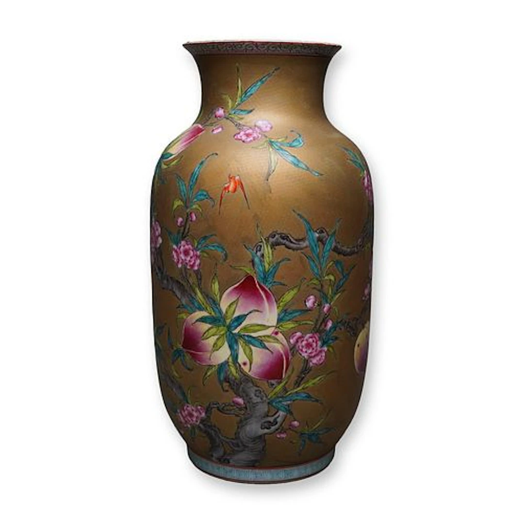 Chinese Famille Rose Gilt Peach and Bat Motif Vase