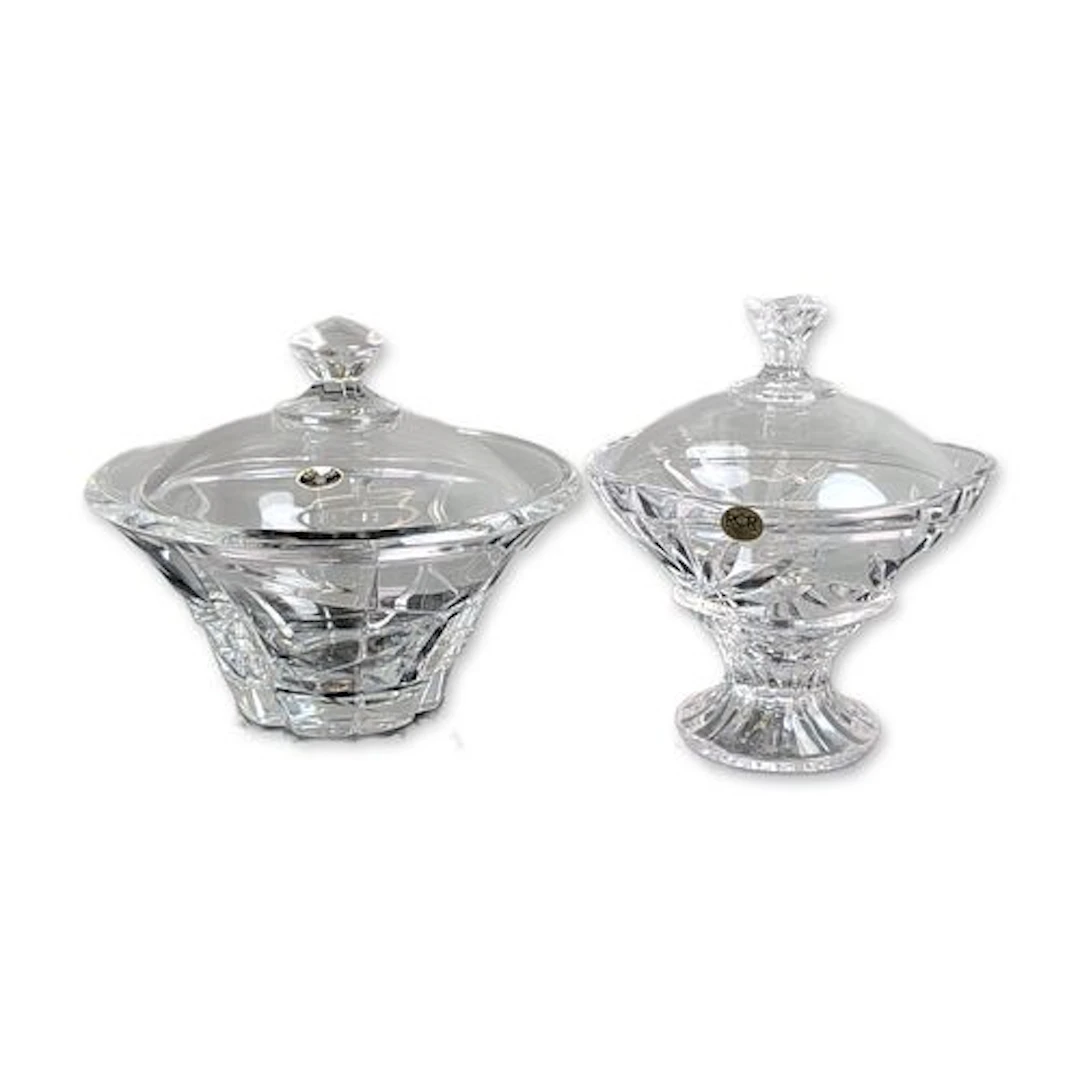 2pc European Cut Lead Crystal Lidded Pedestal Bowls