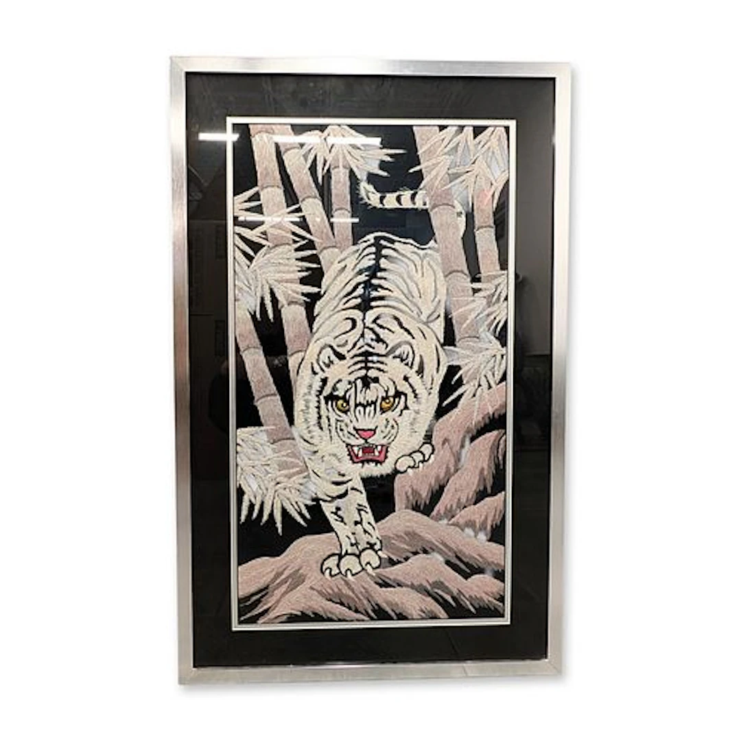 Contemporary White Tiger and Bamboo Embroidered Textile Panel
