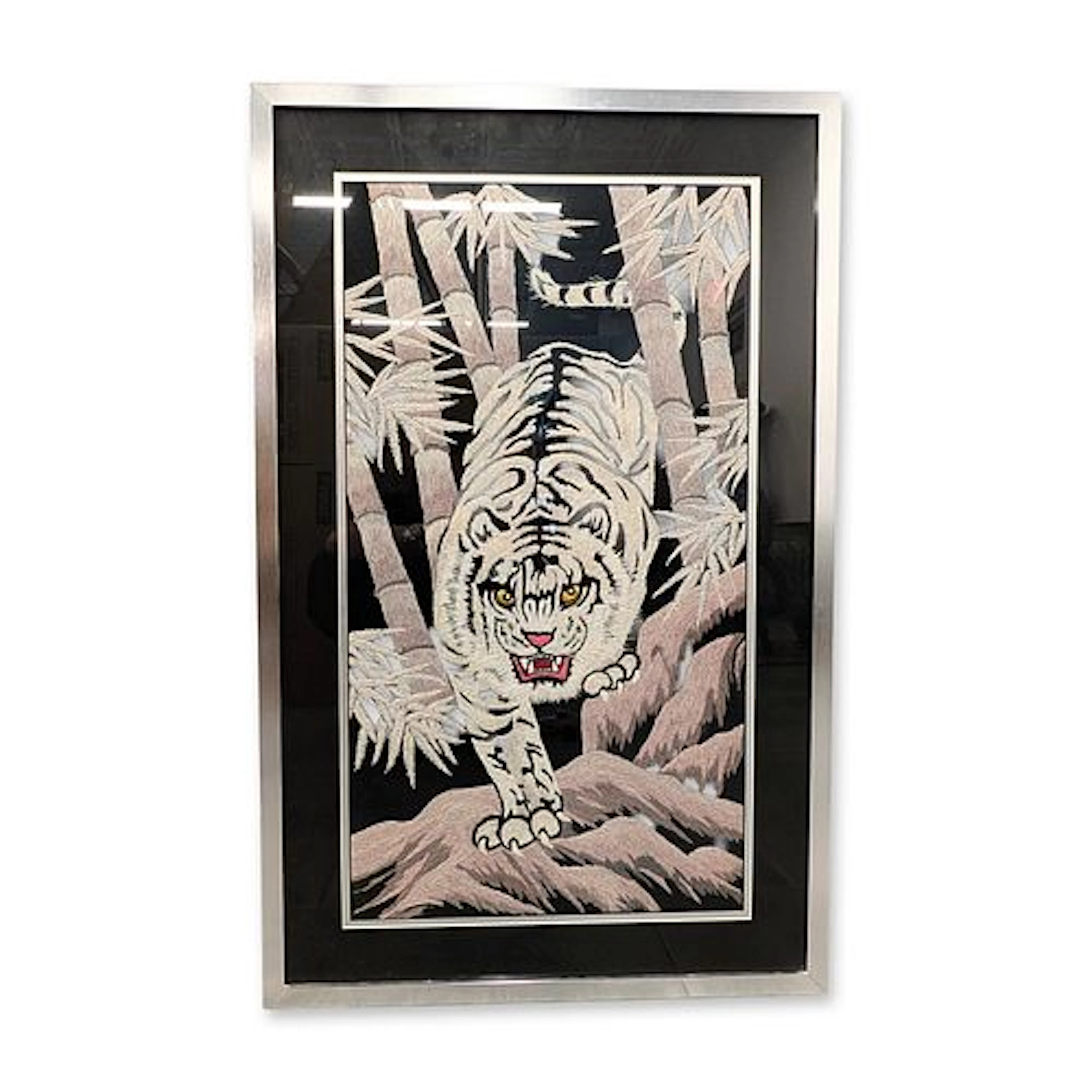 Contemporary White Tiger and Bamboo Embroidered Textile Panel
