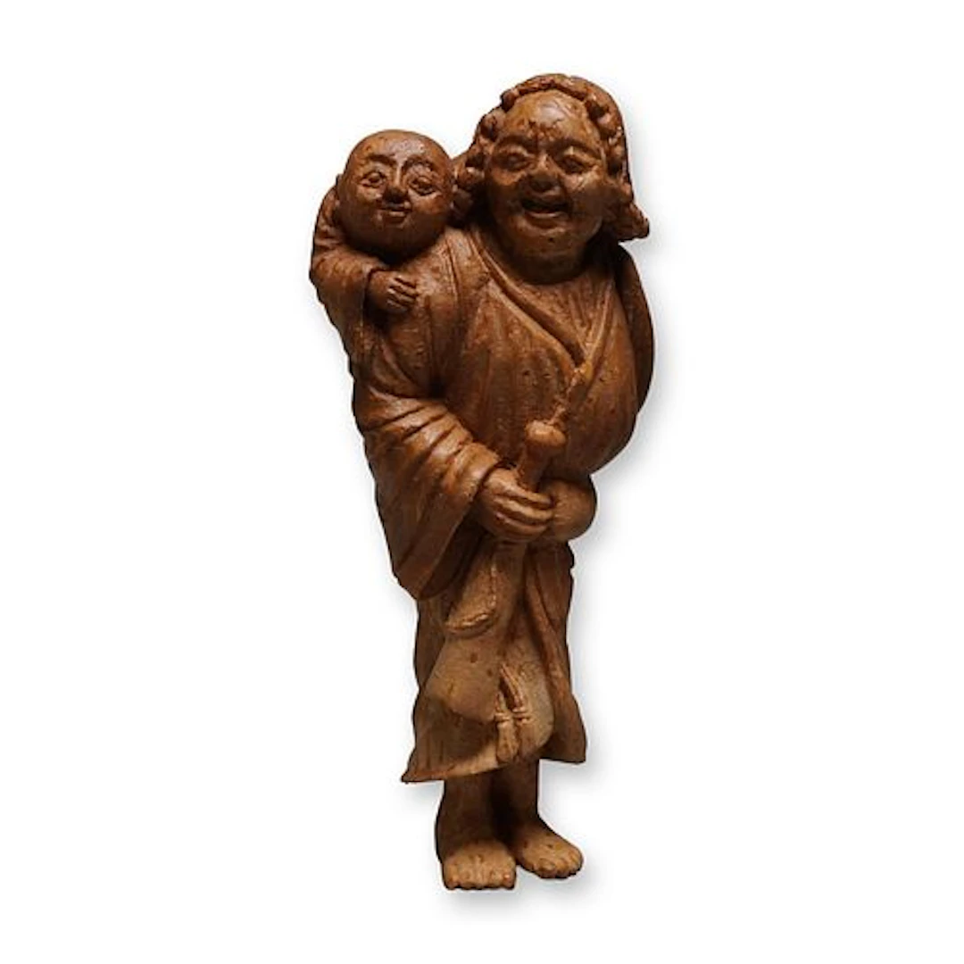 Bamboo Netsuke Foreigner with Boy on Back
