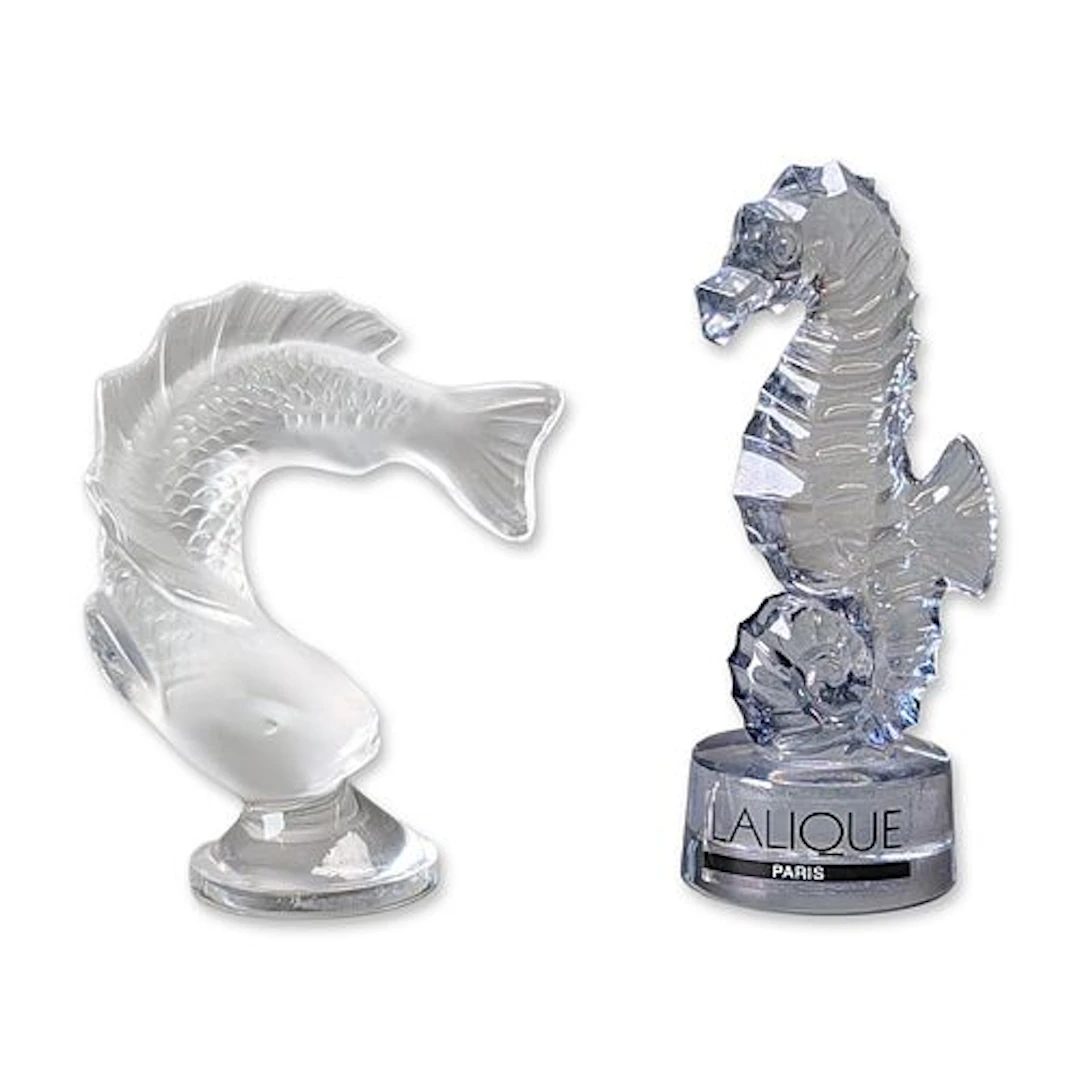 2pc Lalique Crystal Fish and Seahorse Figurines