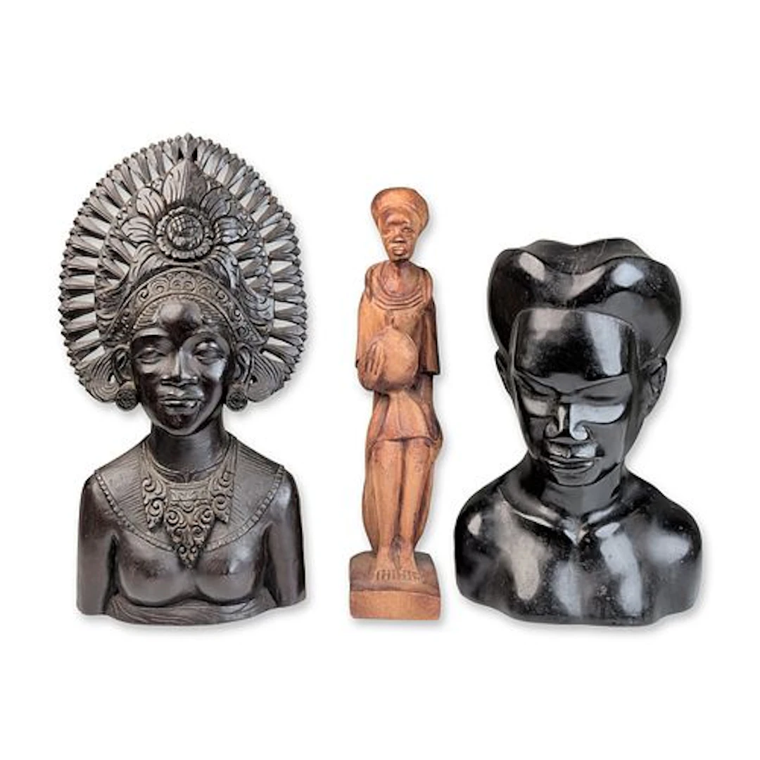 Three Regional Hand Carved Wooden Figurines and Busts