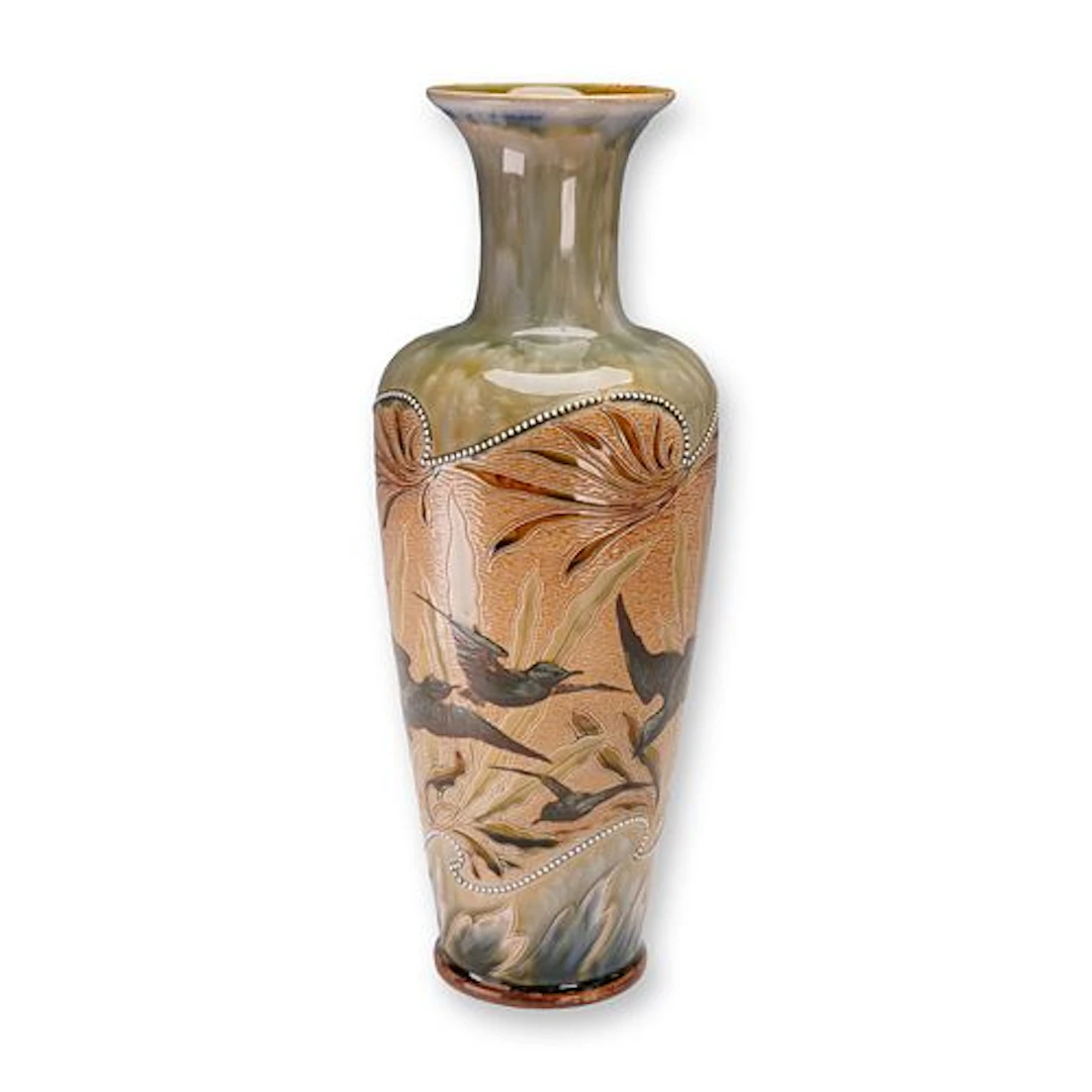 Doulton Lambeth Stoneware Vase by Florence Barlow, Pate-sur-Pate Blackbirds