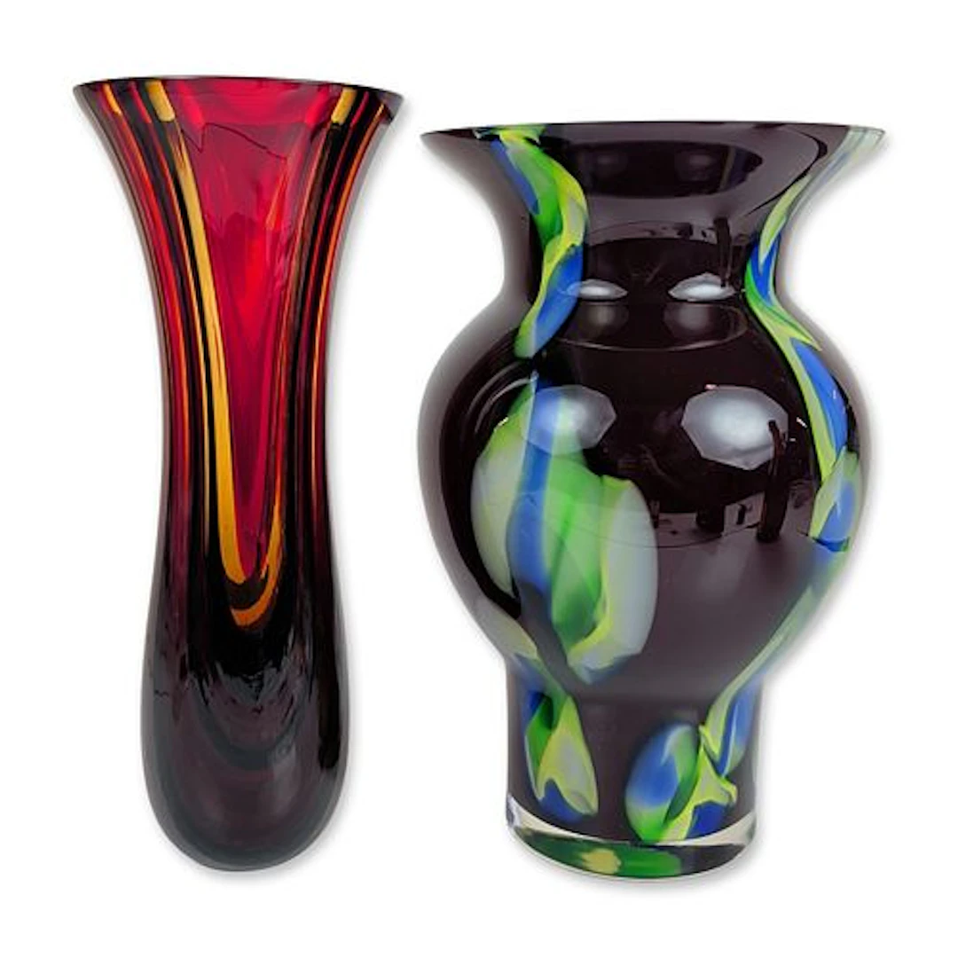 2pc Contemporary Hand-Blown Art Glass Vases