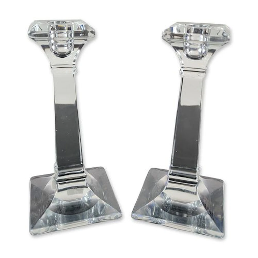 Pair of Vintage Glass Column Candlesticks, Attributed to Heisey, Aristocrat