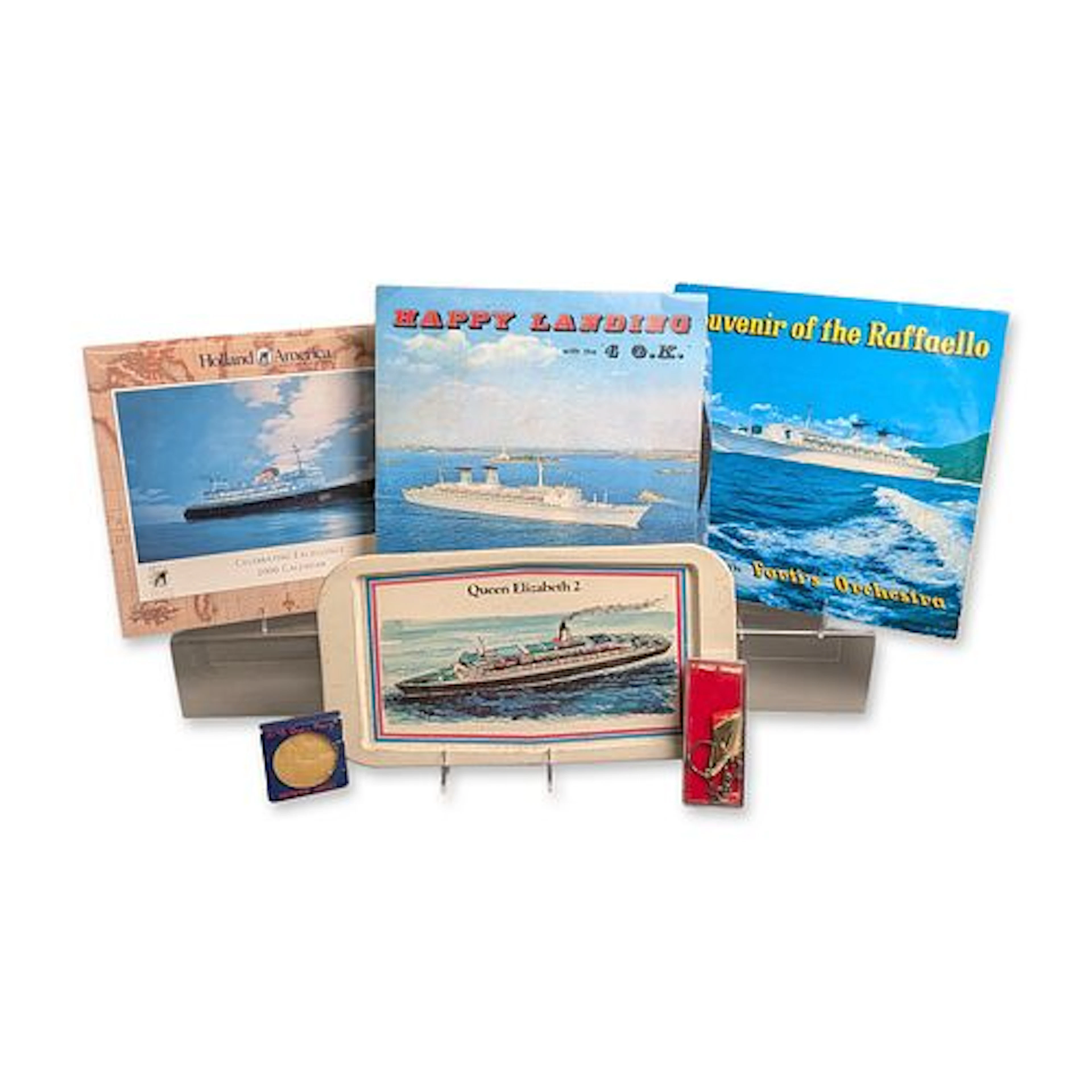6pc Collection of Ocean Liner Memorabilia and Vinyl Records
