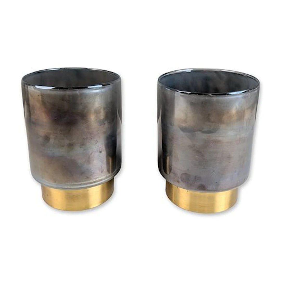 Pair of Contemporary Iridescent Glass Hurricane Candle Holders