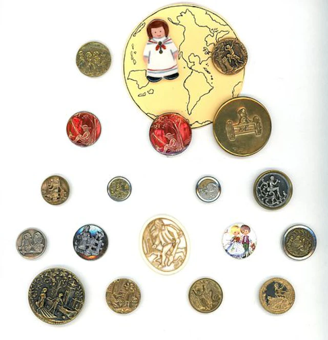 A CARD OF DIVISION ONE AND THREE CHILDREN BUTTONS