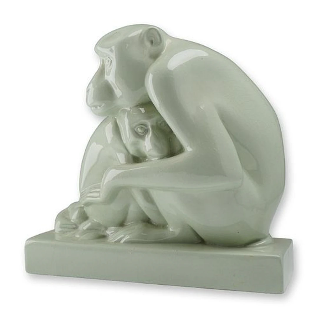 Wedgwood by John Skeaping Celadon Glazed Monkey and Young Figurine