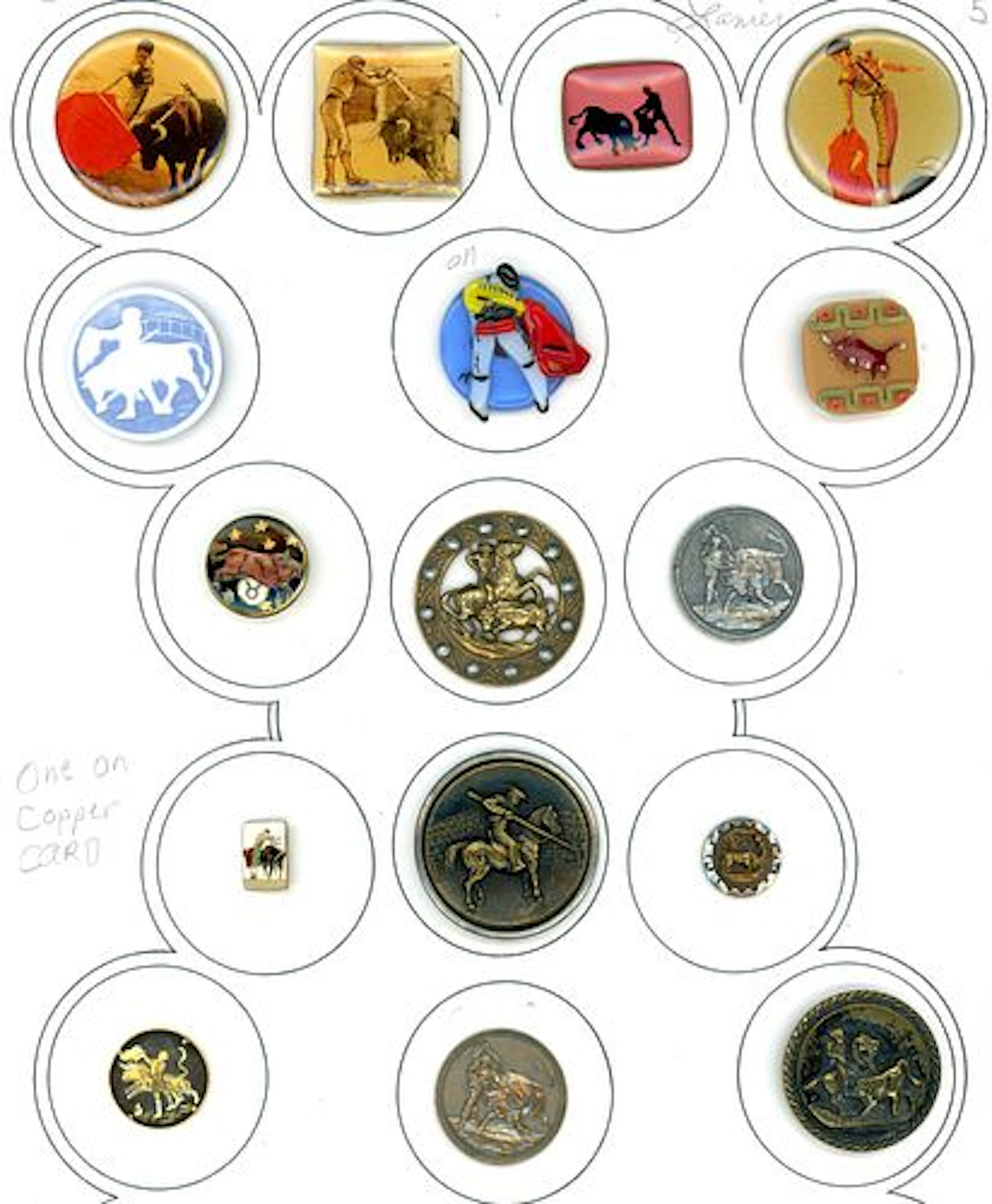 A CARD OF DIVISION ONE AND THREE BULL BUTTONS