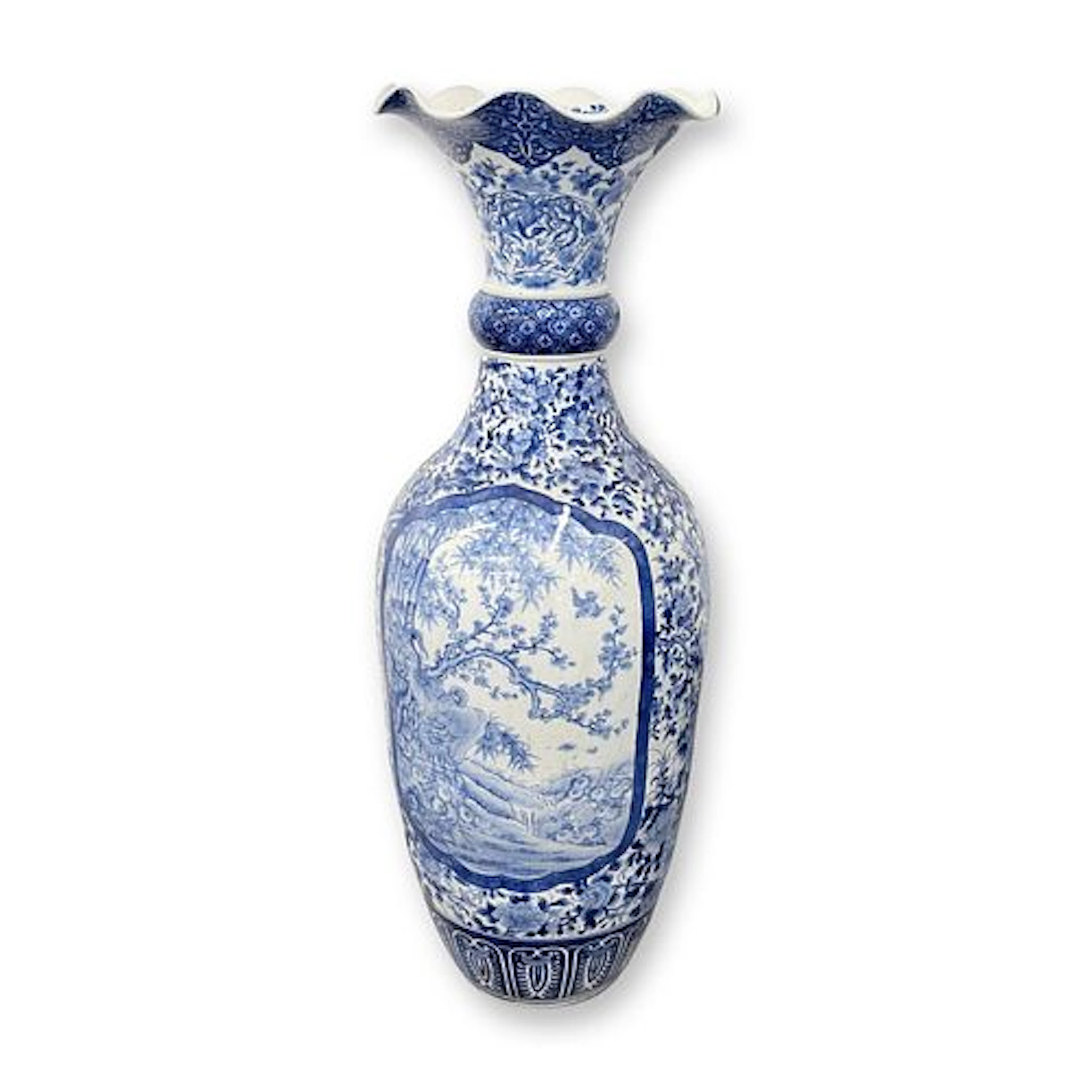 Large Japanese Blue and White Vase Fluted Top with Copper Liner