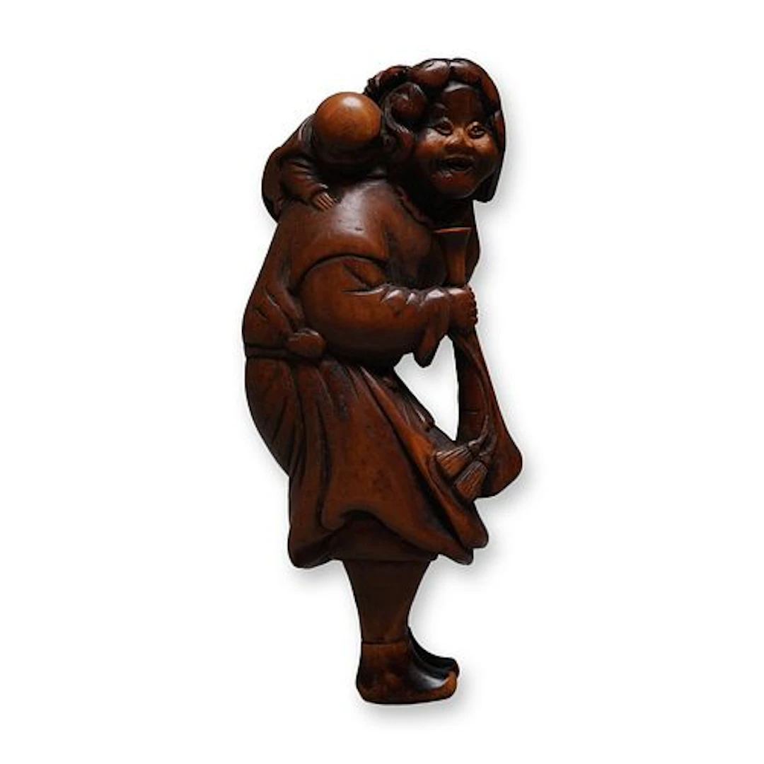 Wood Netsuke, Dutchman with Boy and Trumpet, Signed