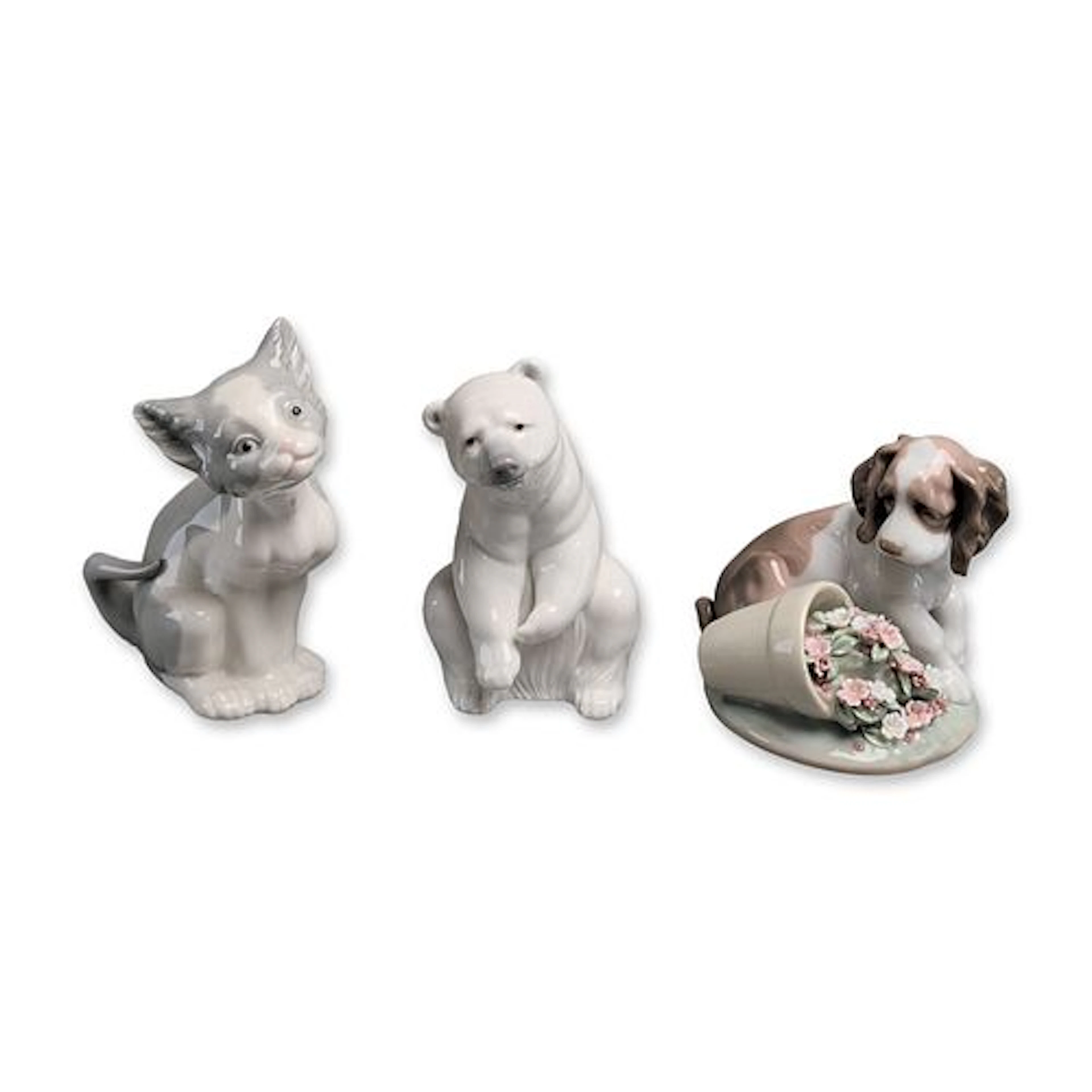 3pc Lladro Porcelain Animal Figurines - Dog 7672, Cat 5113 & Polar Bear 1208