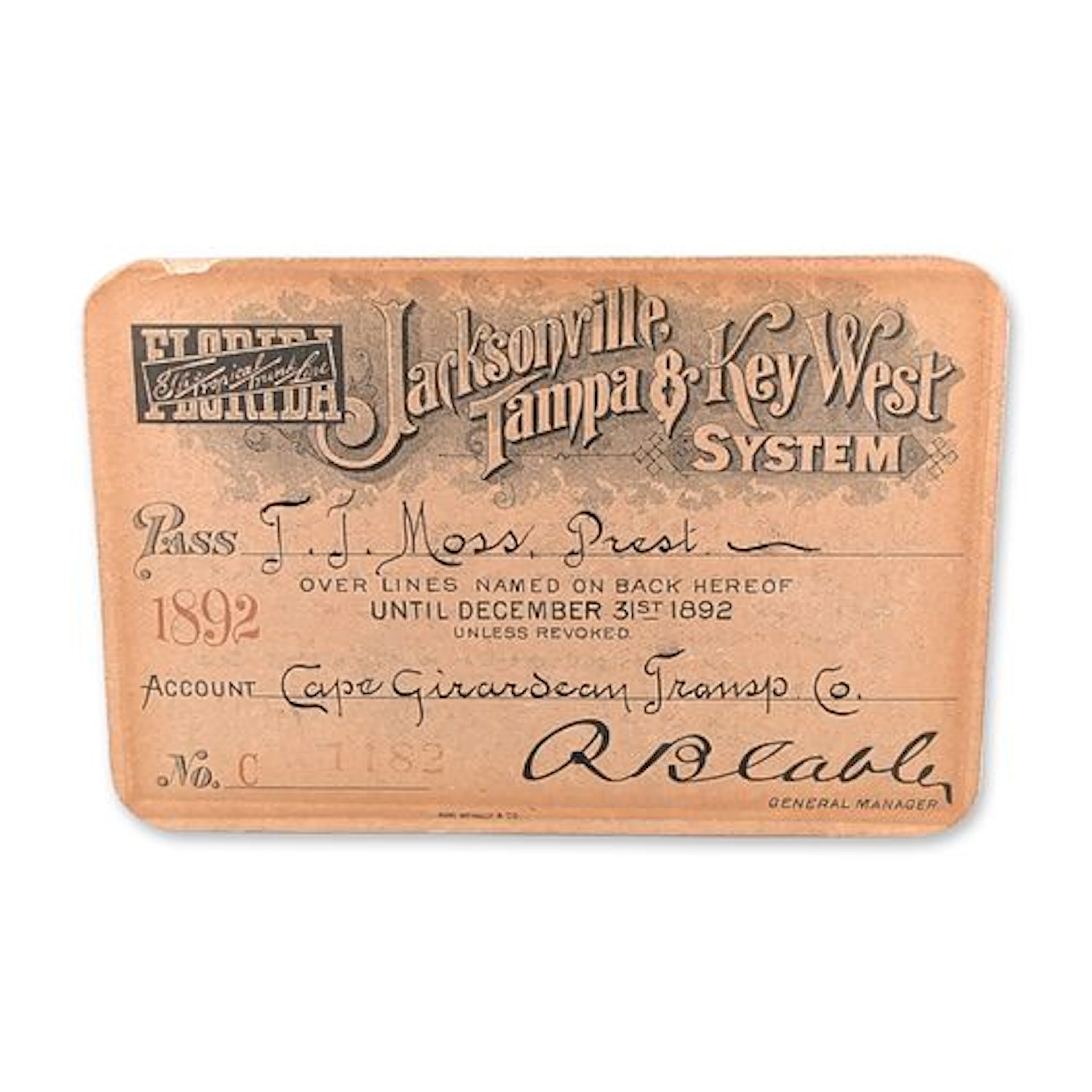 1892 Jacksonville Tampa and Key West Railway Pass