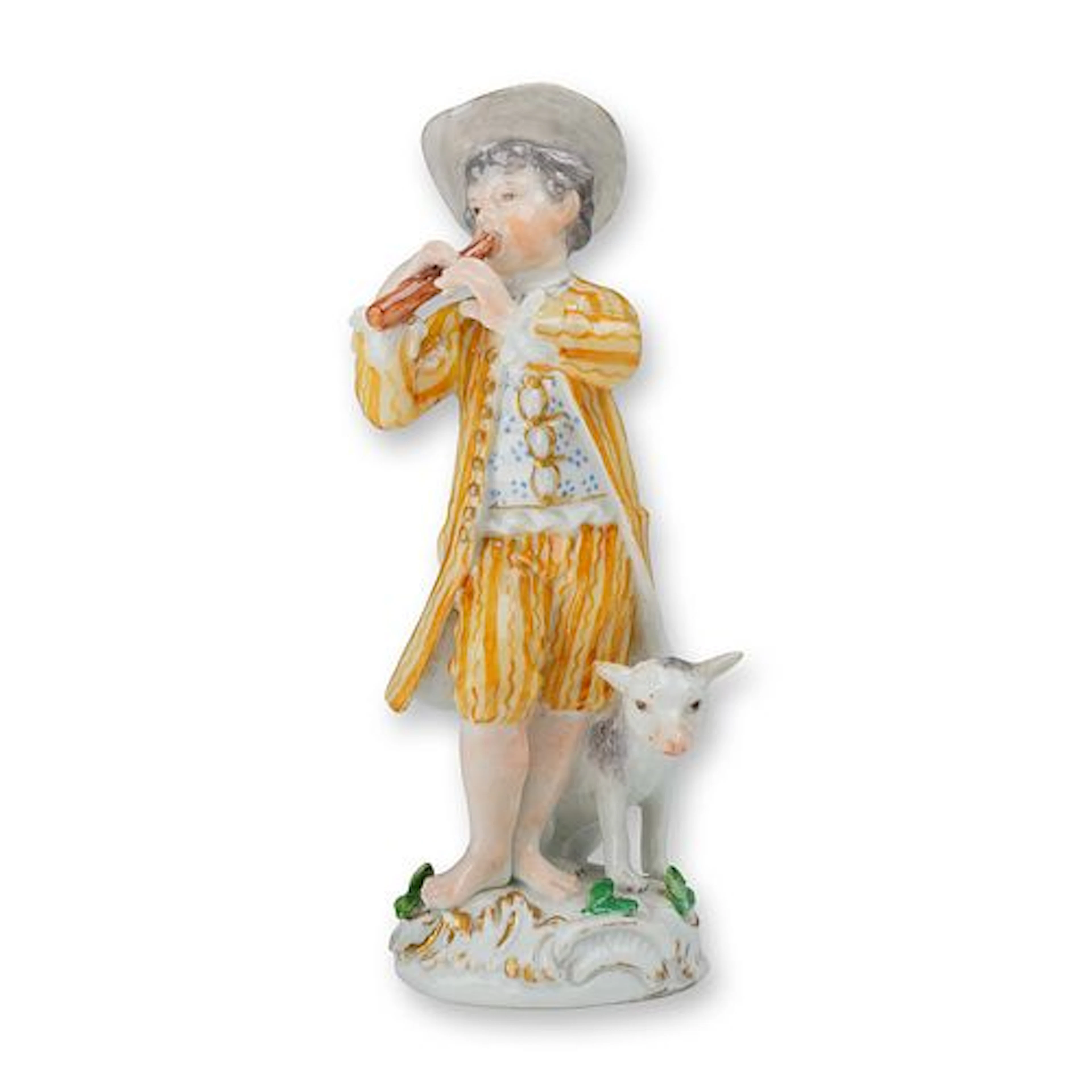 Meissen Porcelain Figurine Young Boy Playing a Flute with Dog at His Feet