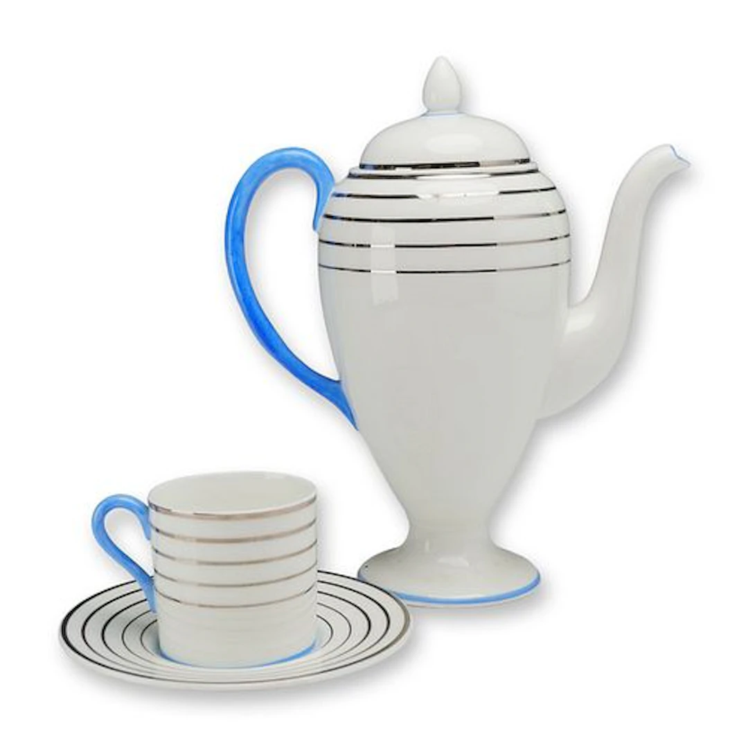 Wedgwood 3-Piece Porcelain Coffee Set with Blue Handles and Platinum Bands