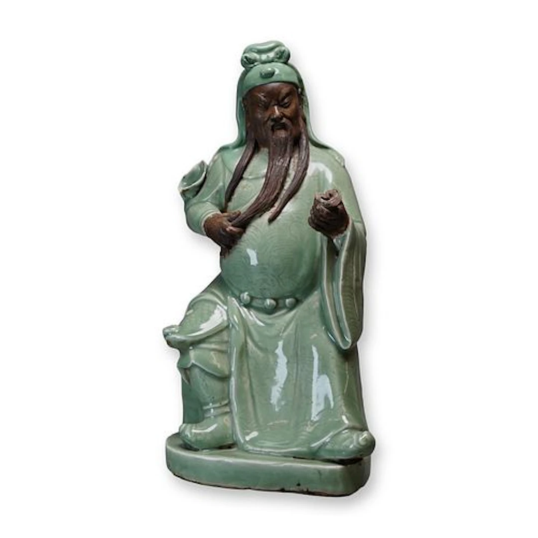 Large Celadon Glazed Porcelain Figure of Seated Immortal