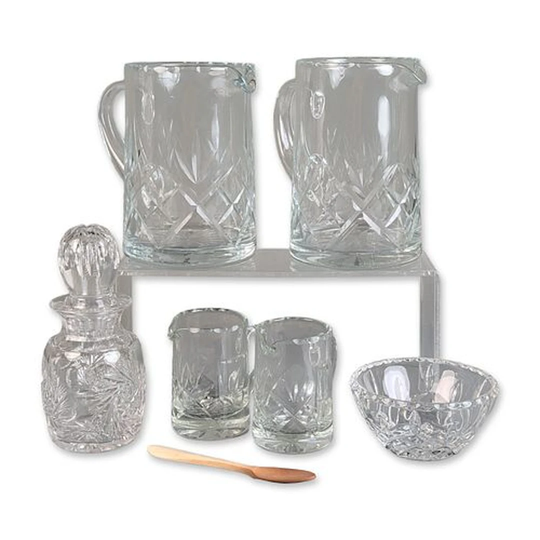 7pc Cut Glass and Crystal Tablewares, Pitchers, Bowl, Creamers, Spoon, Decanter