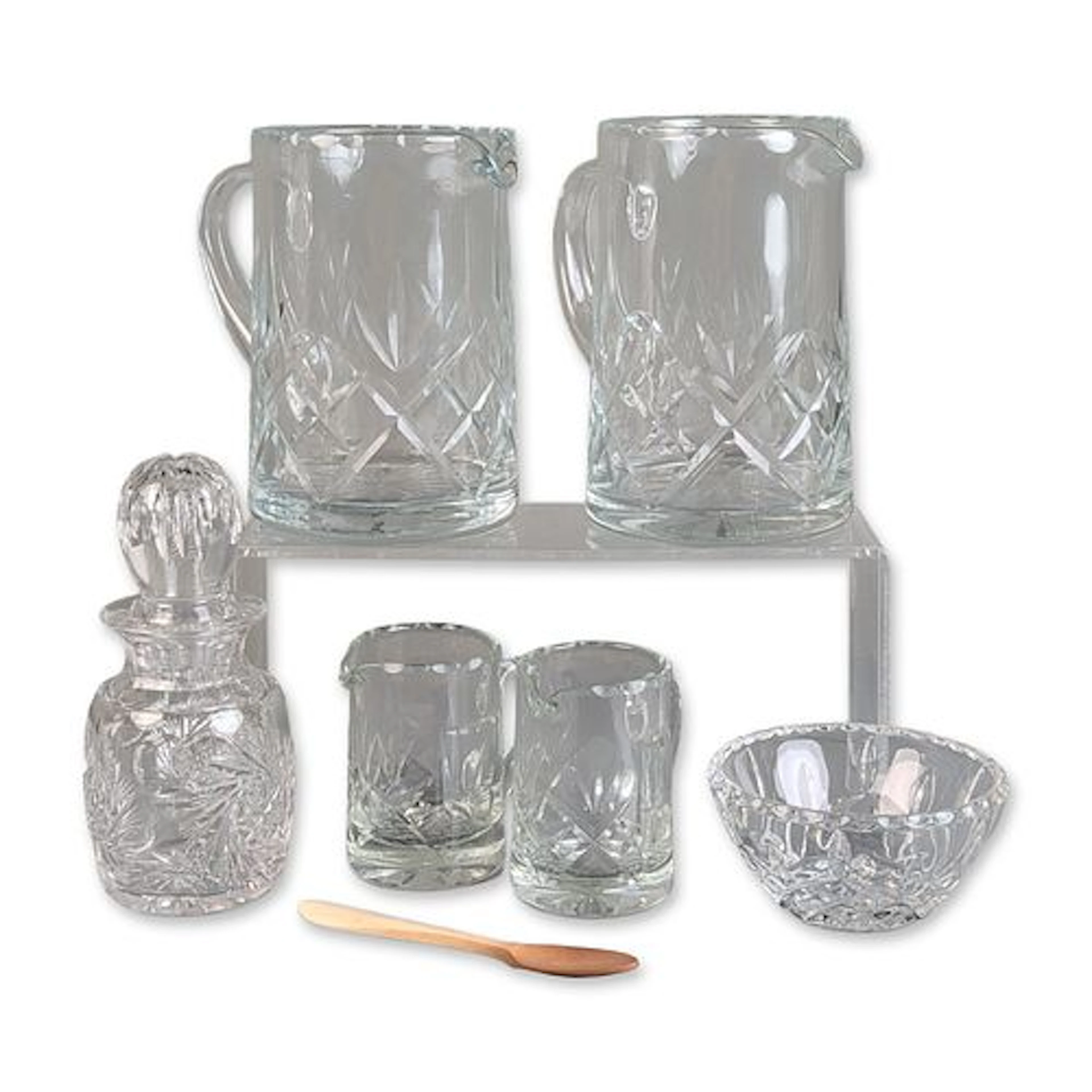 7pc Cut Glass and Crystal Tablewares, Pitchers, Bowl, Creamers, Spoon, Decanter