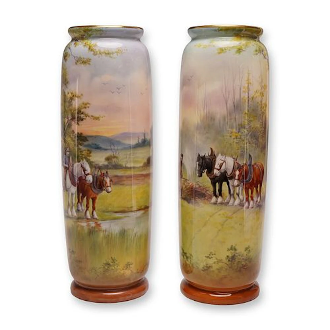 Pair of Royal Doulton by Harry Morrey Porcelain Pastoral Horse Vases