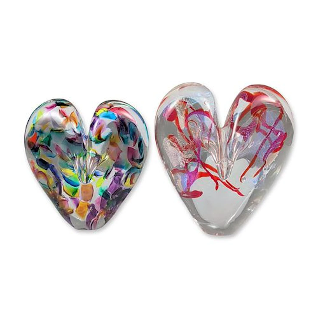 2pc Donna Gordon Hand Blown Glass Heart Paperweights