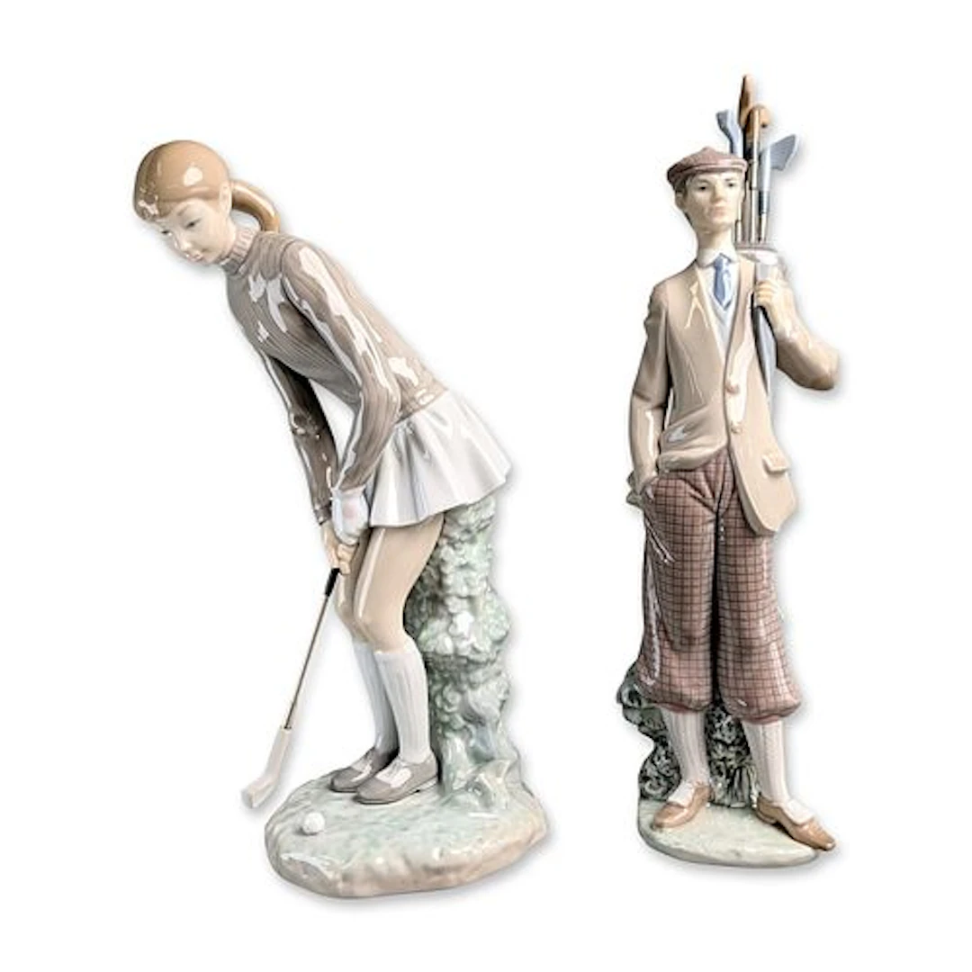 2pc Lladro Porcelain Golfing Figurines, Waiting to Tee Off 5301 and