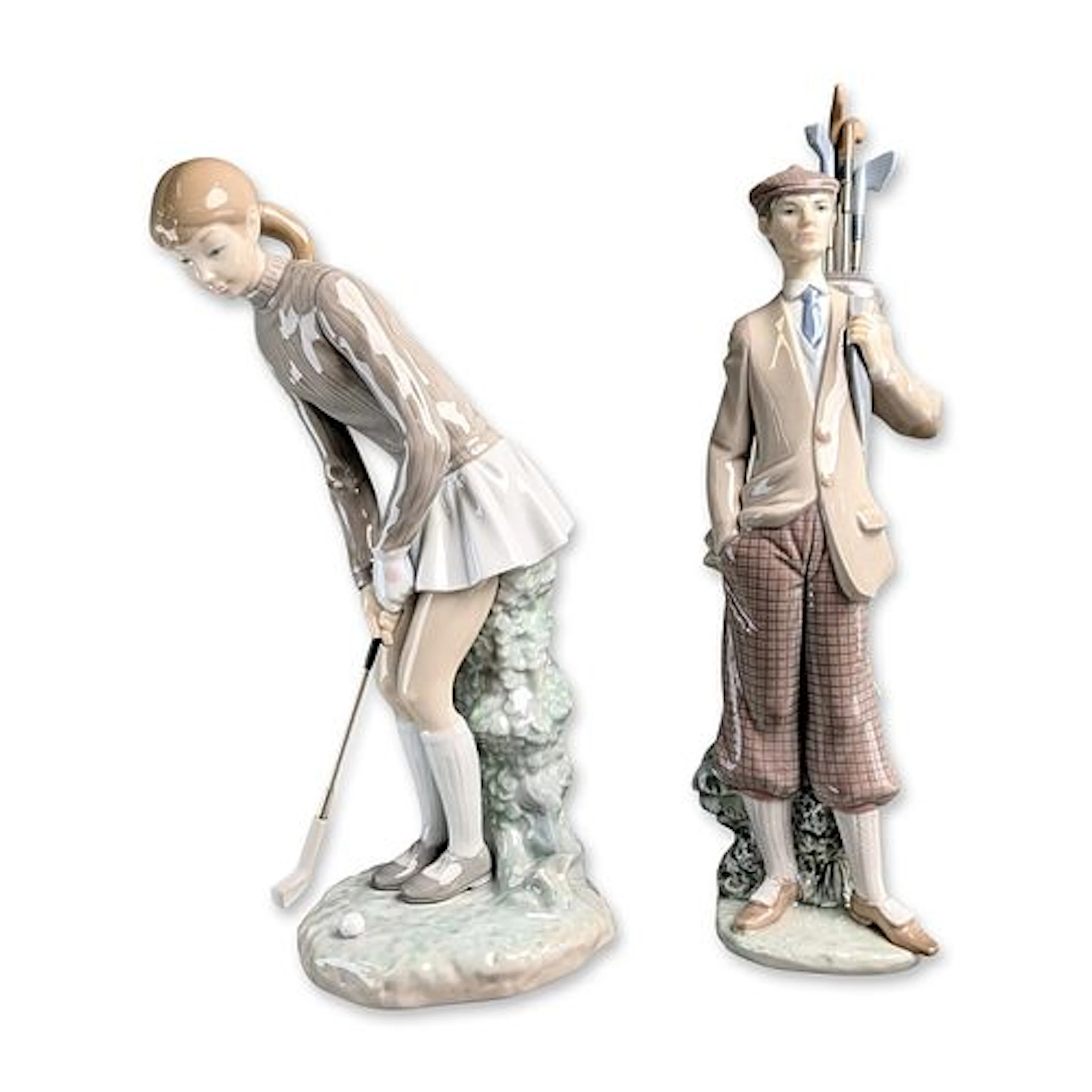 2pc Lladro Porcelain Golfing Figurines, Waiting to Tee Off 5301 and