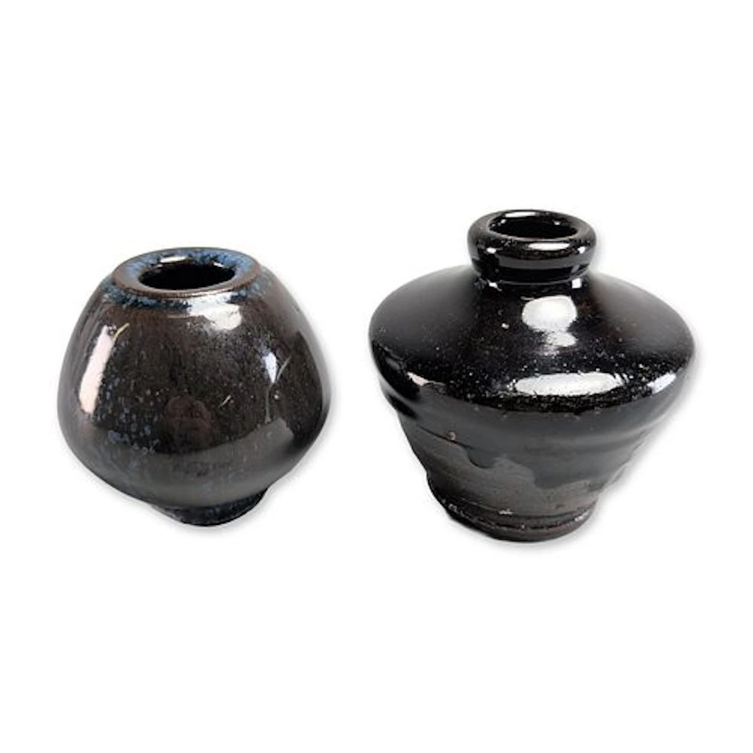 Japanese Style Black Glazed Stoneware Jar Vase Wabi Sabi