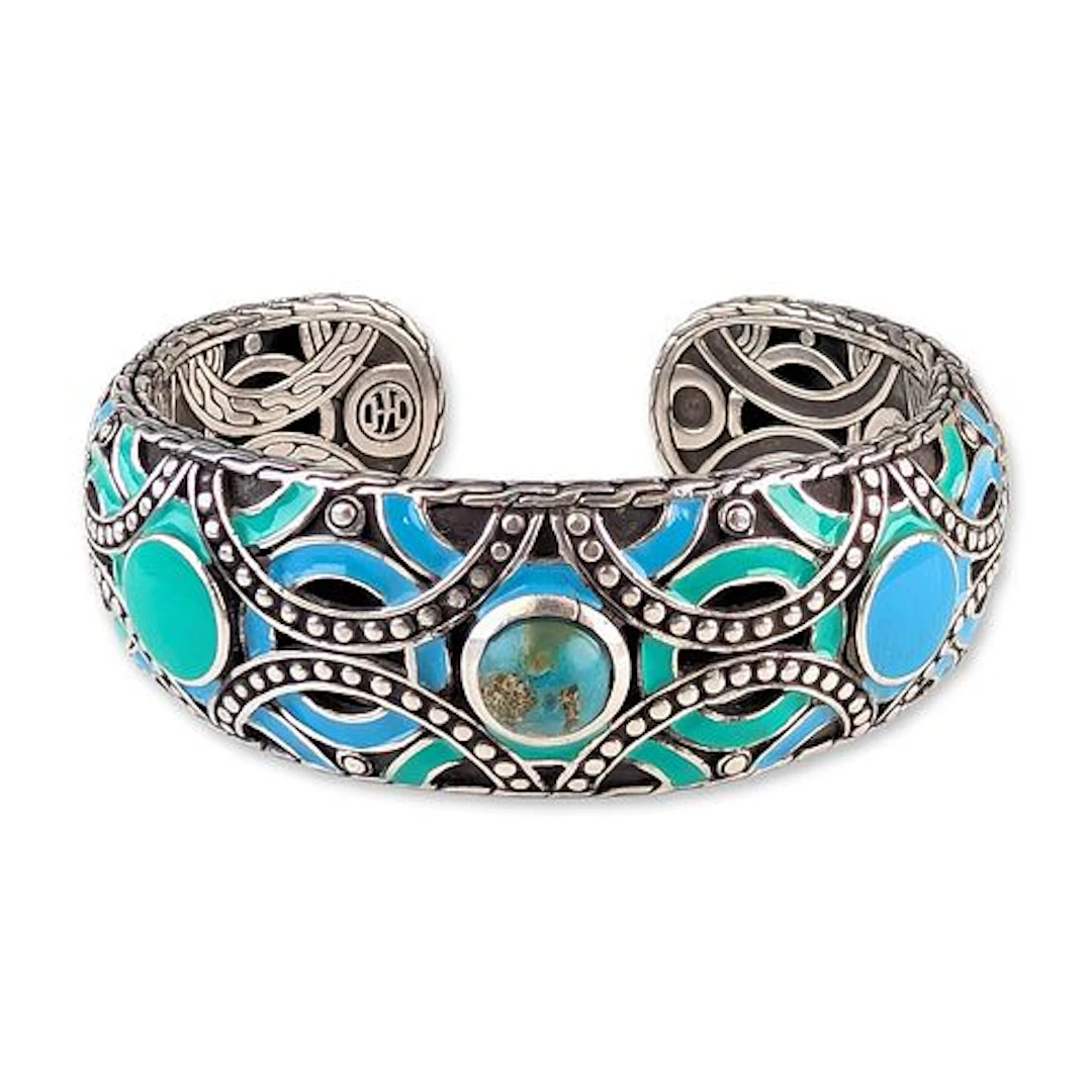John Hardy Sterling Silver Turquoise and Enamel Wide Cuff Bracelet