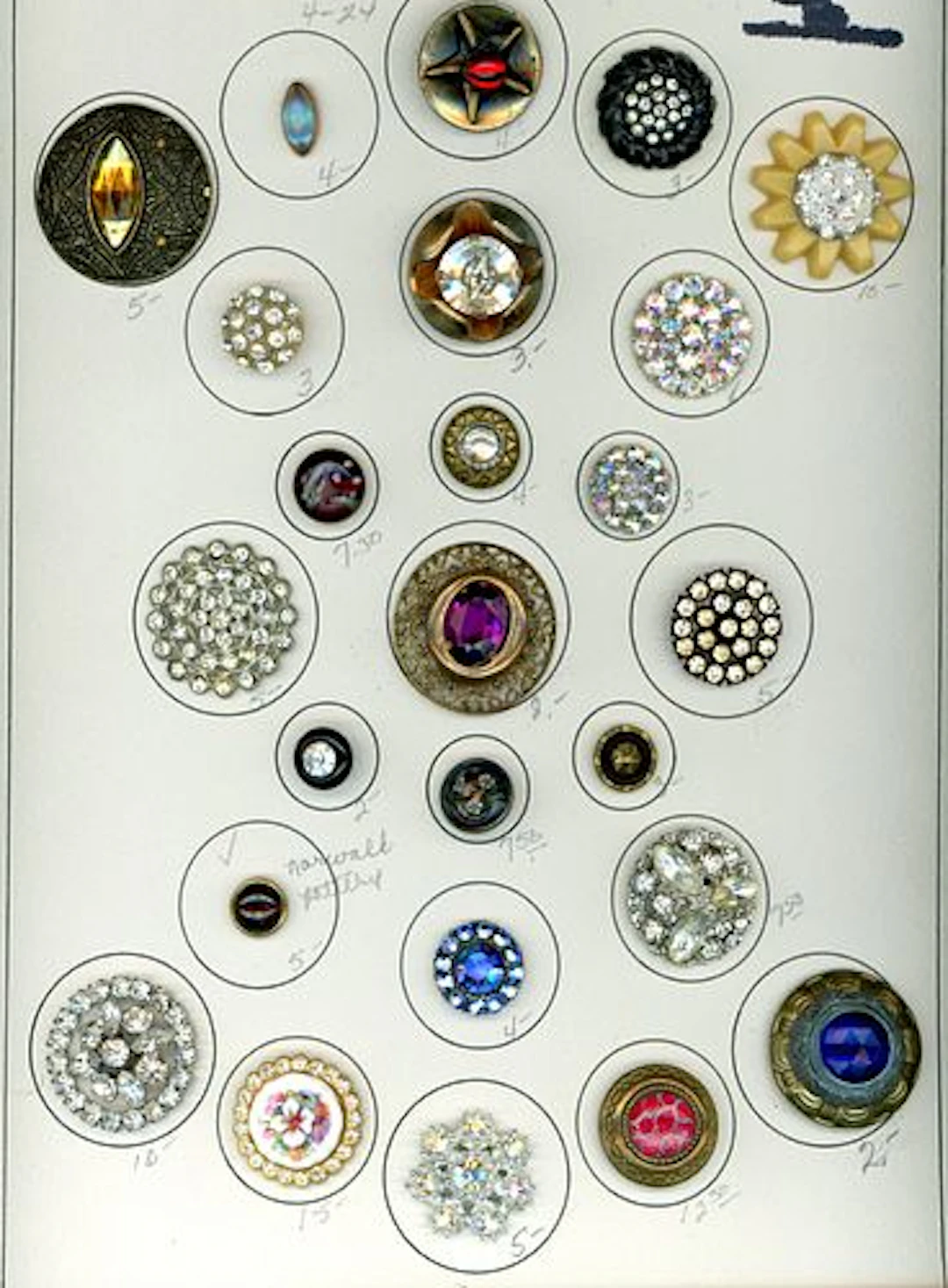 A CARD OF DIVISION 1 AND 3 GLASS IN METAL BUTTONS