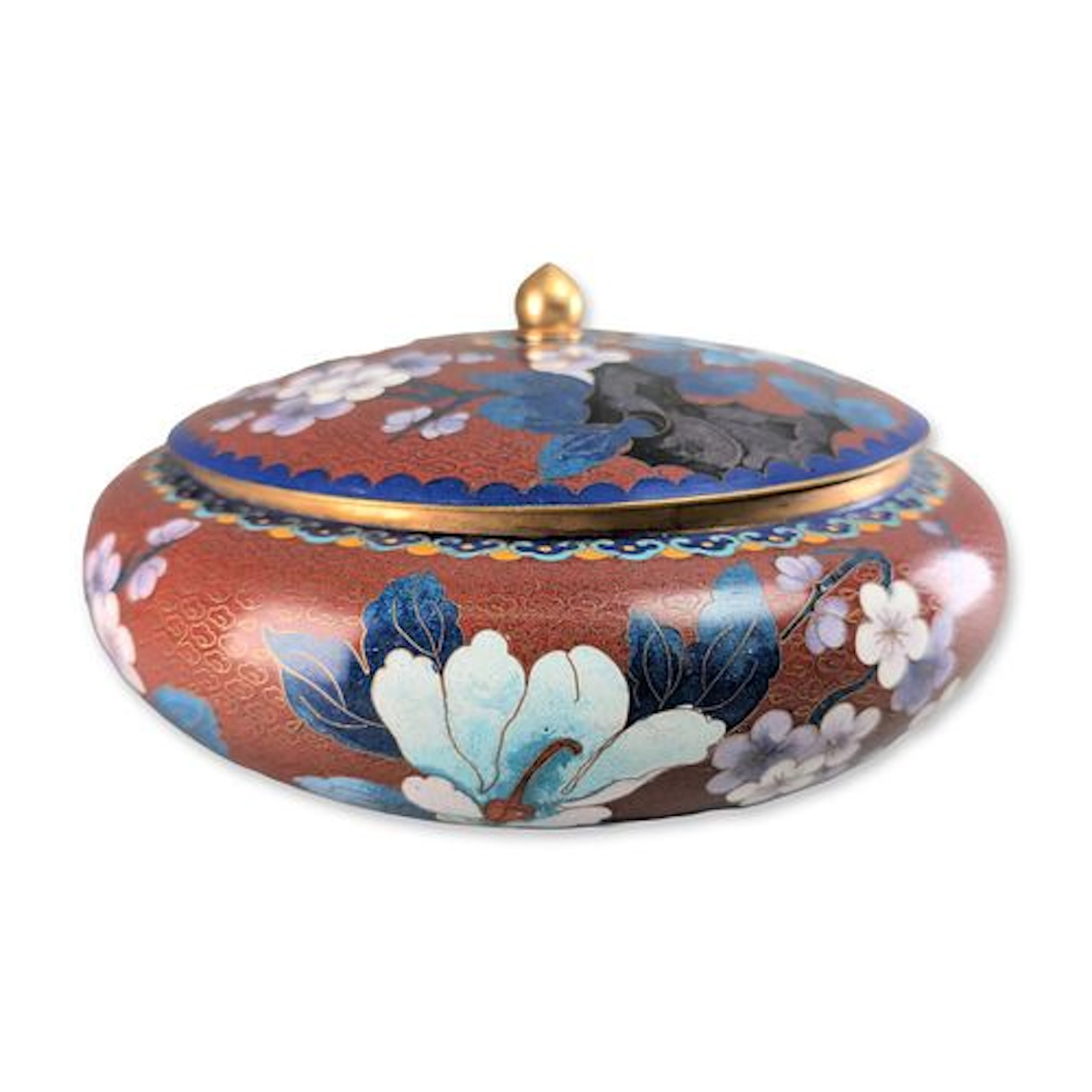 Asian Cloisonne Enamel Floral Bowl with Domed Lid
