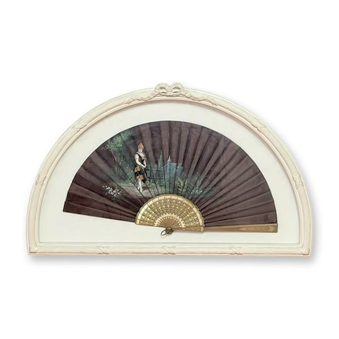 Antique Hand-painted Folding Hand Fan in Shadowbox