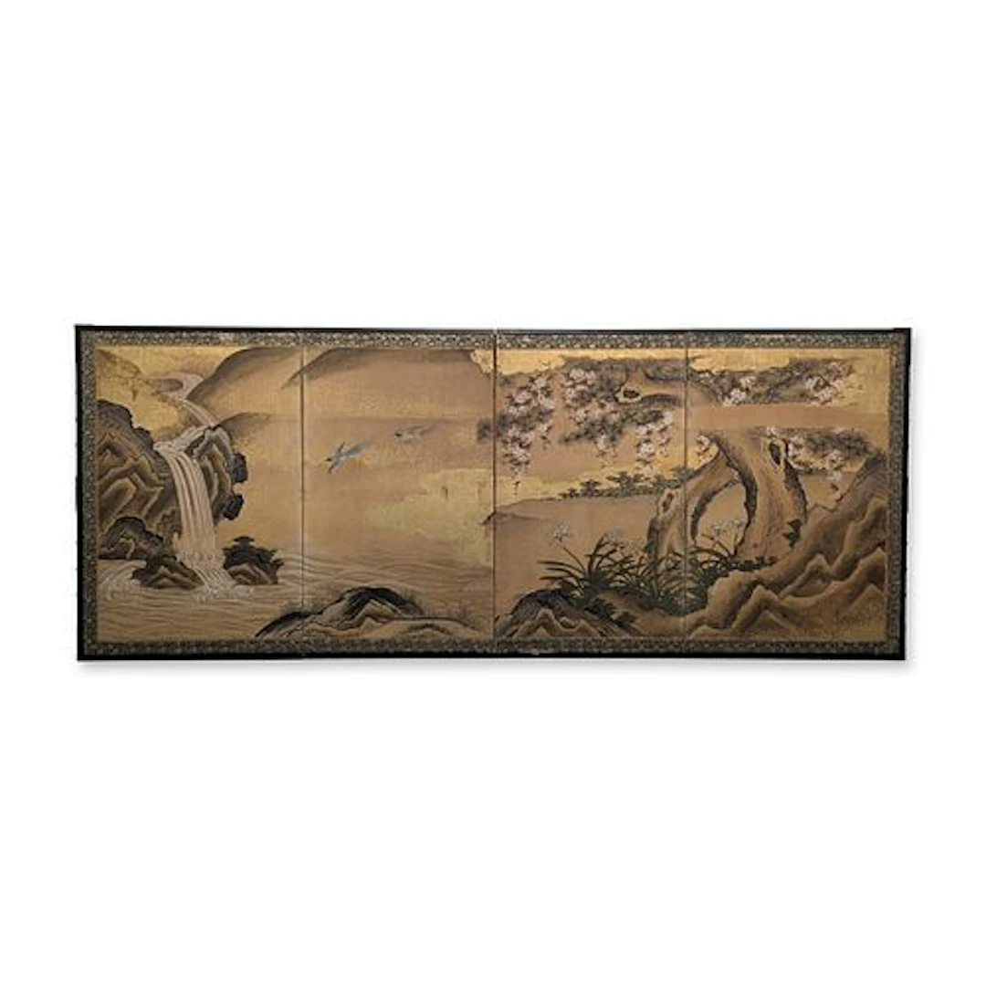 Antique Japanese Four Panel Folding ByÅbu, Waterfalls & Blossoms