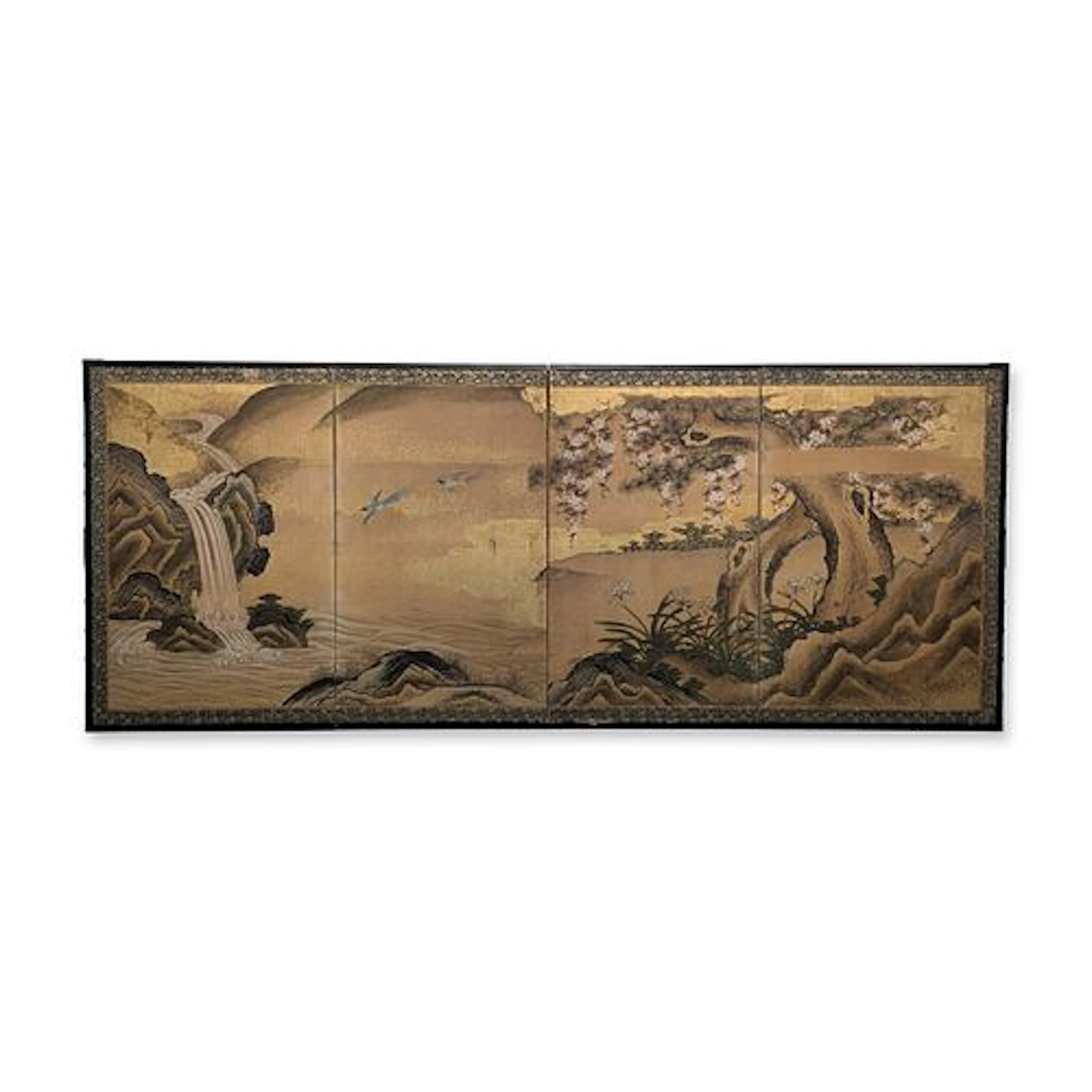Antique Japanese Four Panel Folding ByÅbu, Waterfalls & Blossoms