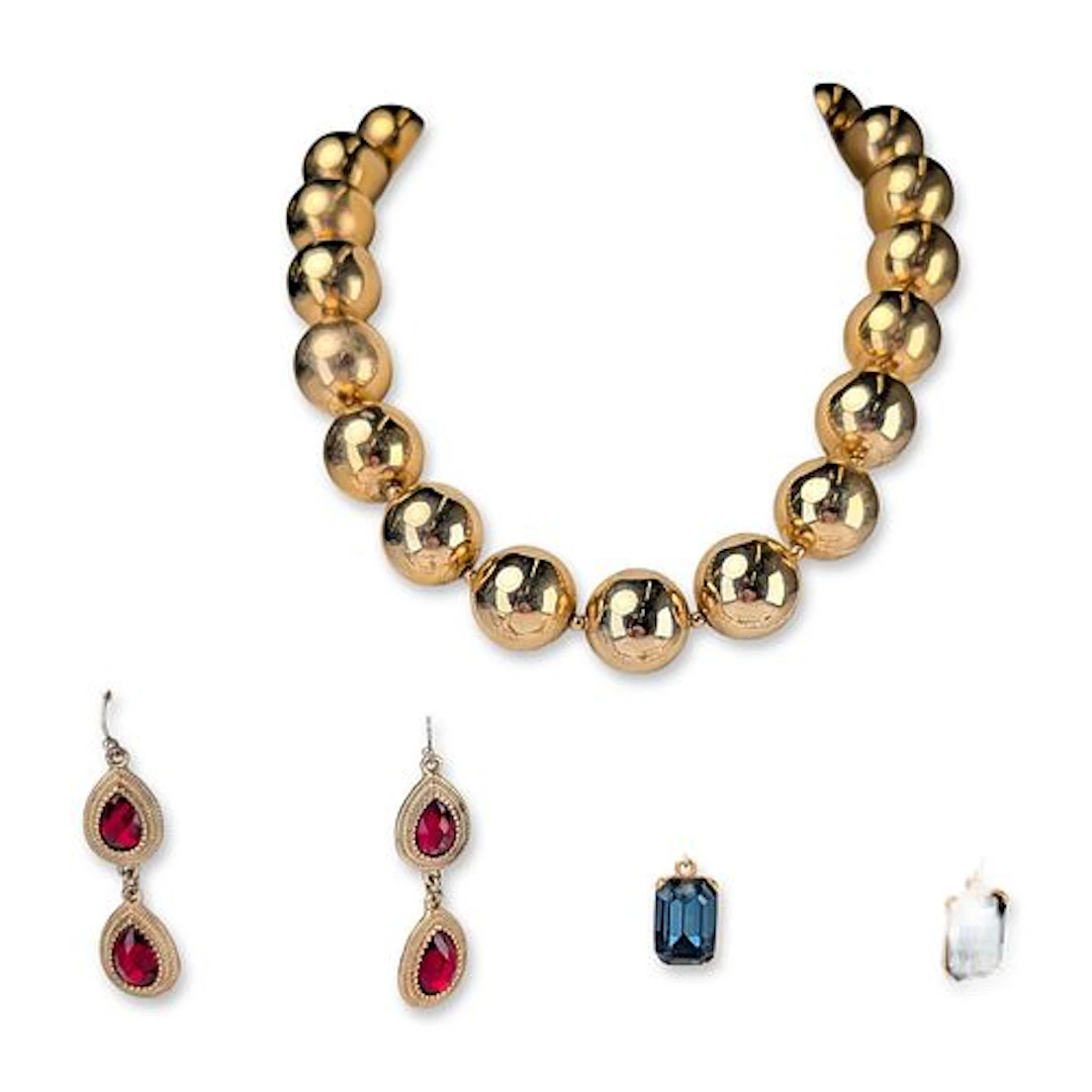 5pc Gold Tone and Rhinestone Necklace Brooches and Earrings